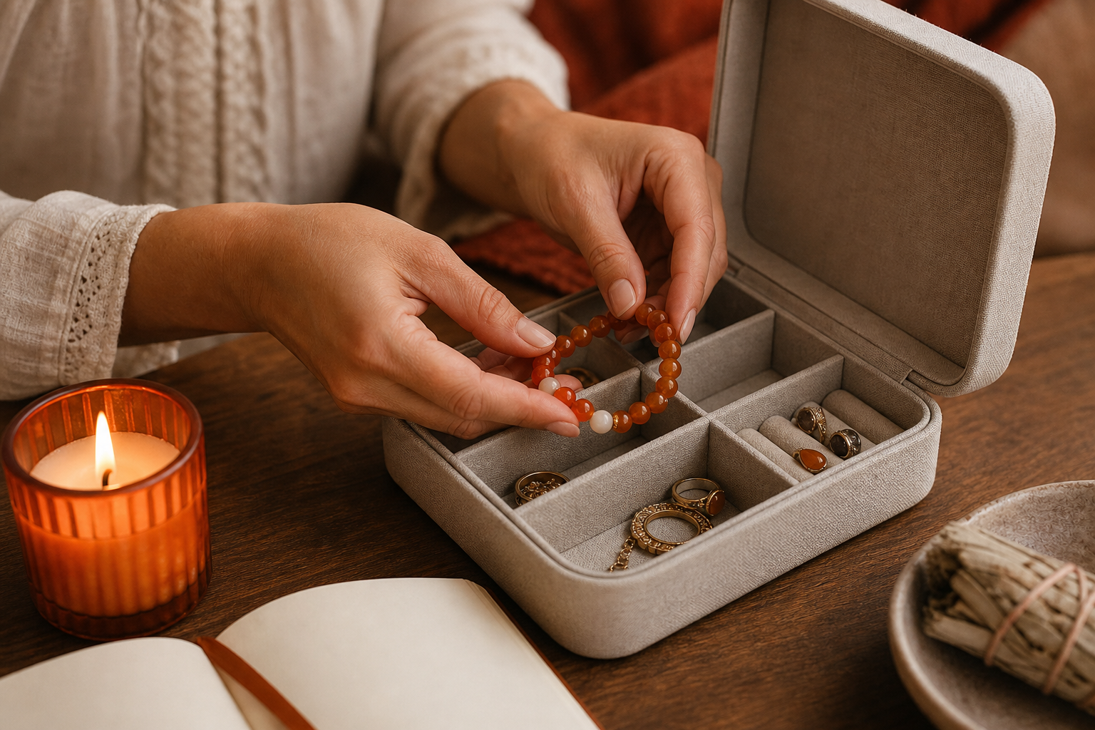 caring for body gems in a jewelry organizer during a spiritual practice
