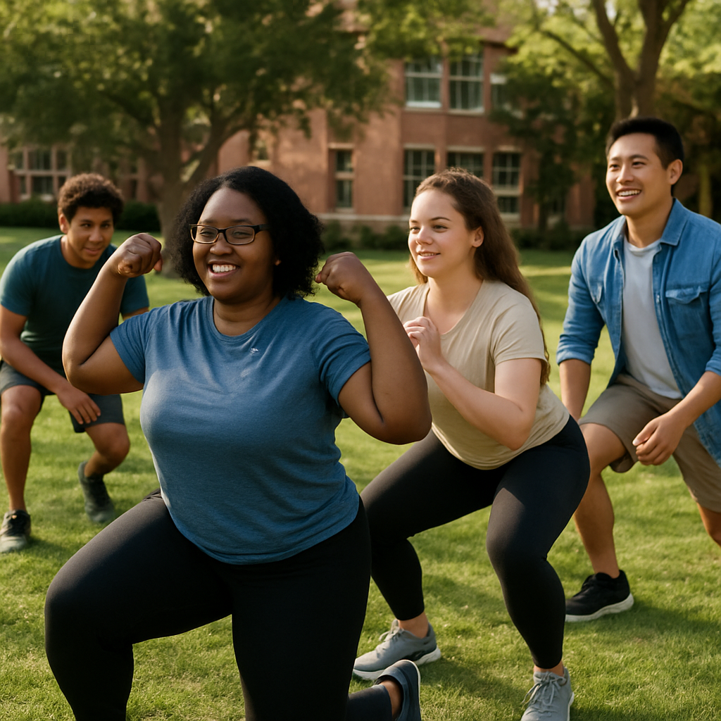 A photorealistic scene of a diverse group of university students doing a low‑impact workout on a sunny campus quad, some laughing, others focused, with realistic lighting and natural surroundings. Alt: Diverse students enjoying balanced fitness activities on campus, illustrating body positivity vs fitness culture.