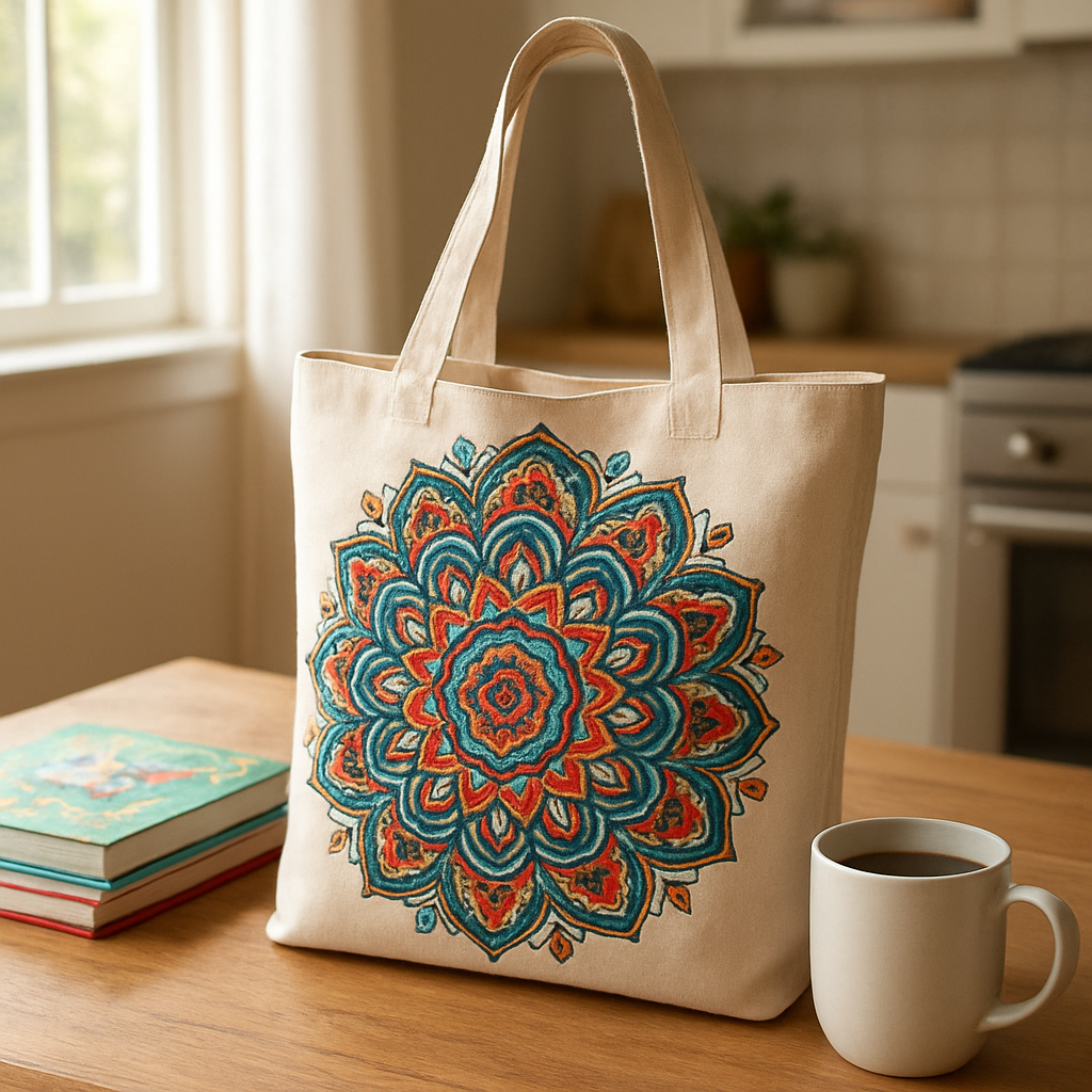 A photorealistic scene of a bright boho‑style tote bag printed with a mandala pattern, placed on a wooden kitchen table beside a coffee mug and a stack of children’s books, natural daylight streaming in, appealing to busy moms, teachers, dads, and nurses. Alt: boho tote bag print on demand showcasing eco‑friendly material and vibrant design.