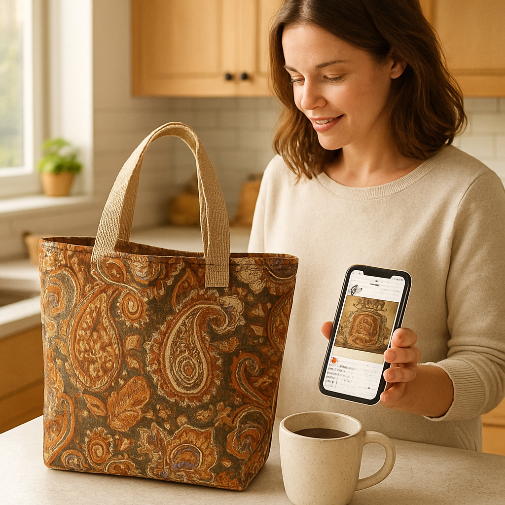 A photorealistic, Realism-style image showing a mom at a sunlit kitchen counter with a boho tote bag print on demand, earthy paisley pattern, a coffee mug, and a phone displaying an Instagram post. Alt: Boho tote bag print on demand lifestyle shot for moms and teachers.