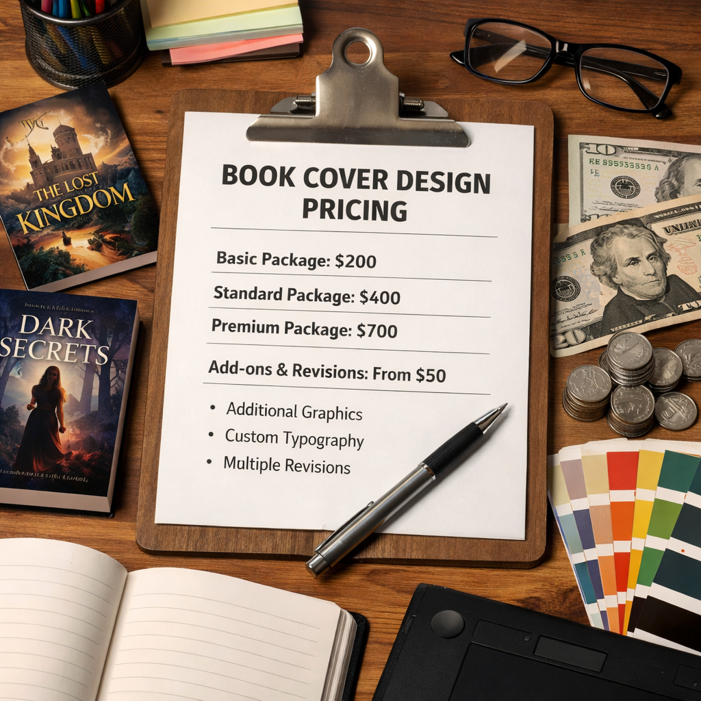 A photorealistic image related to book-cover-design-pricing. Alt: book-cover-design-pricing