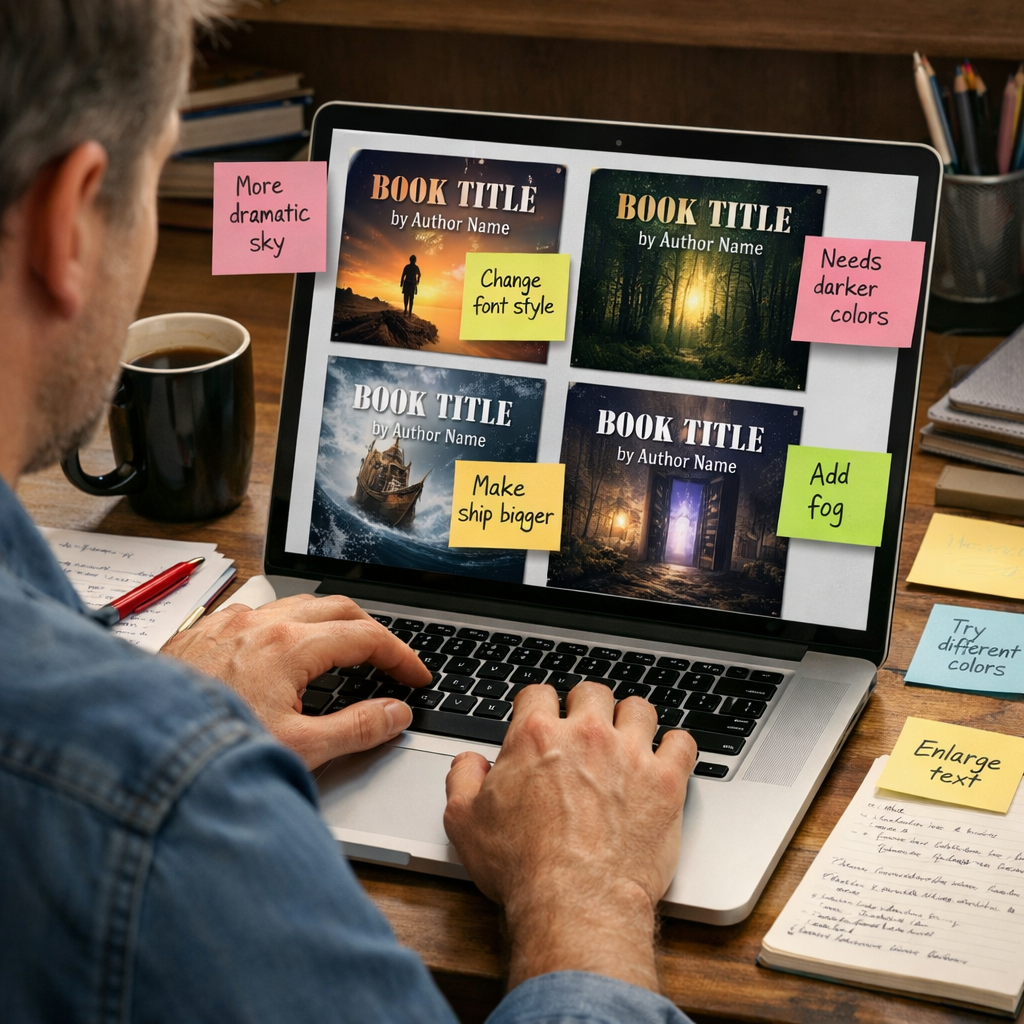 A realistic scene of an author reviewing multiple cover drafts on a laptop, with sticky notes and a coffee mug. Alt: author reviewing book cover drafts with revision notes