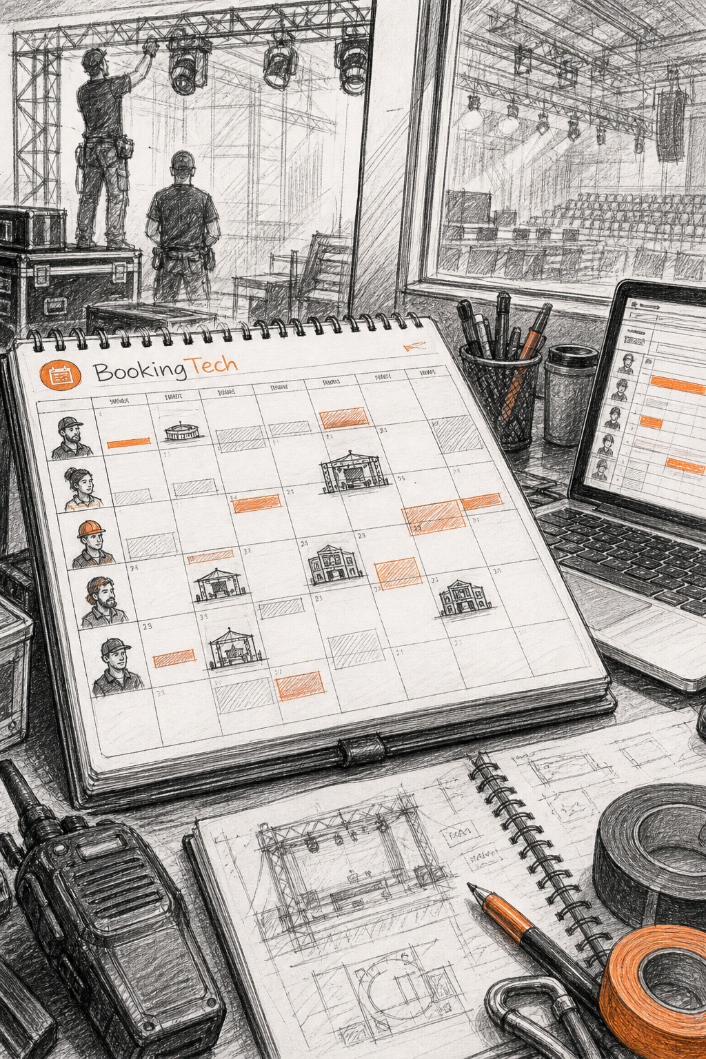 BookingTech tarif mensuel : Top 7 des abonnements 2026 1 Sketch style illustration d'un calendrier partagé avec des icônes de techniciens et de salles de concert, dans un environnement de régie technique. Alt: Calendrier BookingTech pour gestion de techniciens de spectacle.