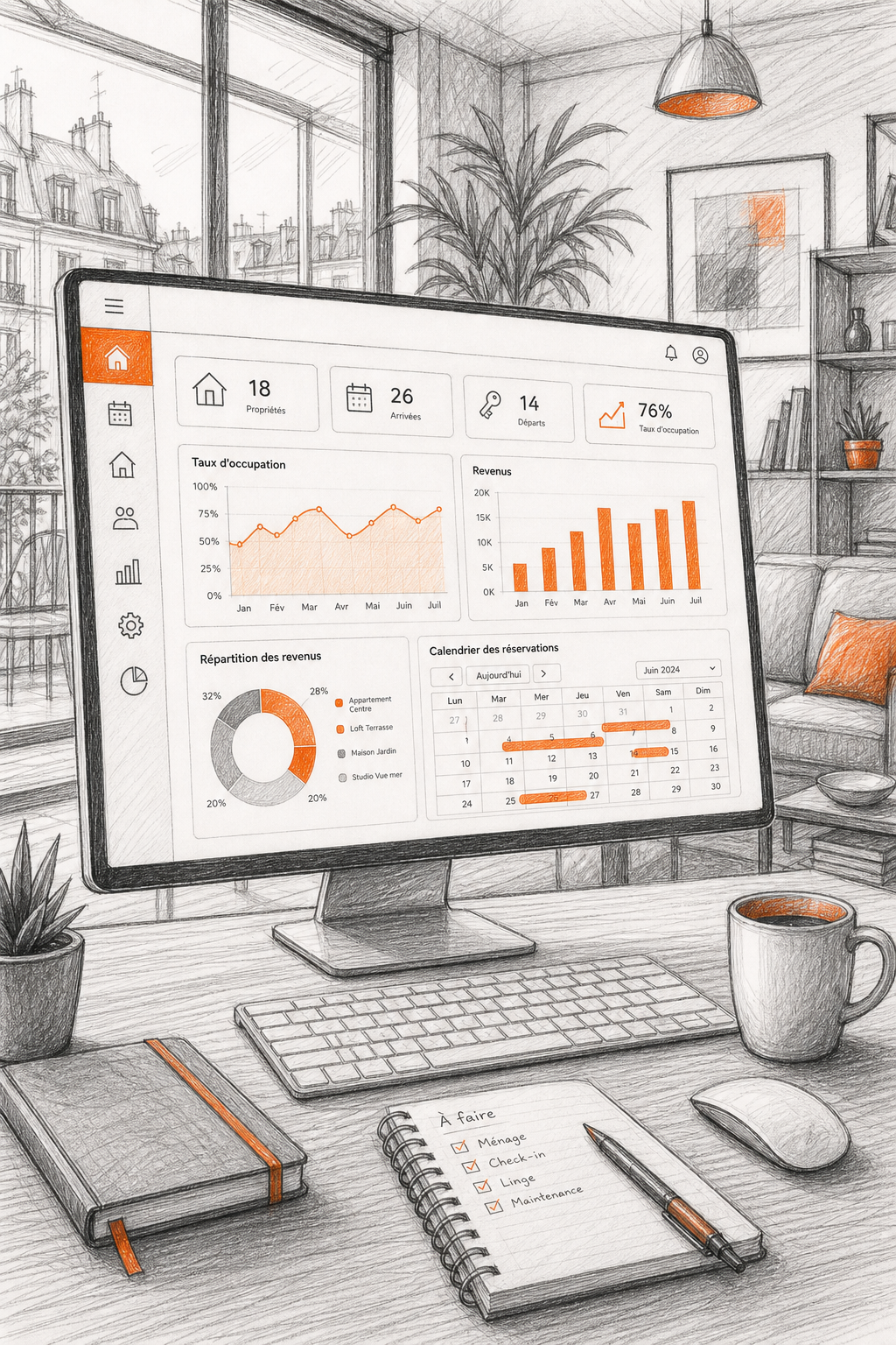 BookingTech tarif mensuel : Top 7 des abonnements 2026 2 Sketch style d'un tableau de bord de gestion locative avec des graphiques et un calendrier synchronisé, dans un bureau moderne. Alt: Tableau de bord de gestion locative pour locations de courte durée.