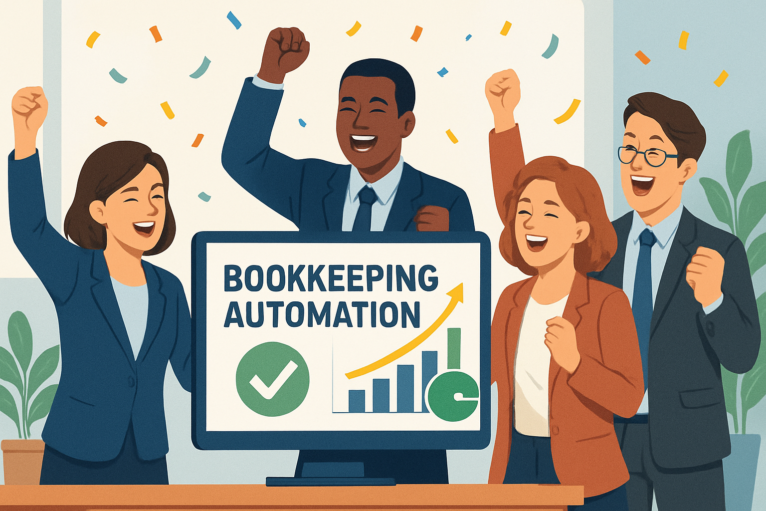 An animated illustration of business professionals celebrating successful bookkeeping automation results. Alt: bookkeeping automation software success concept for business growth.