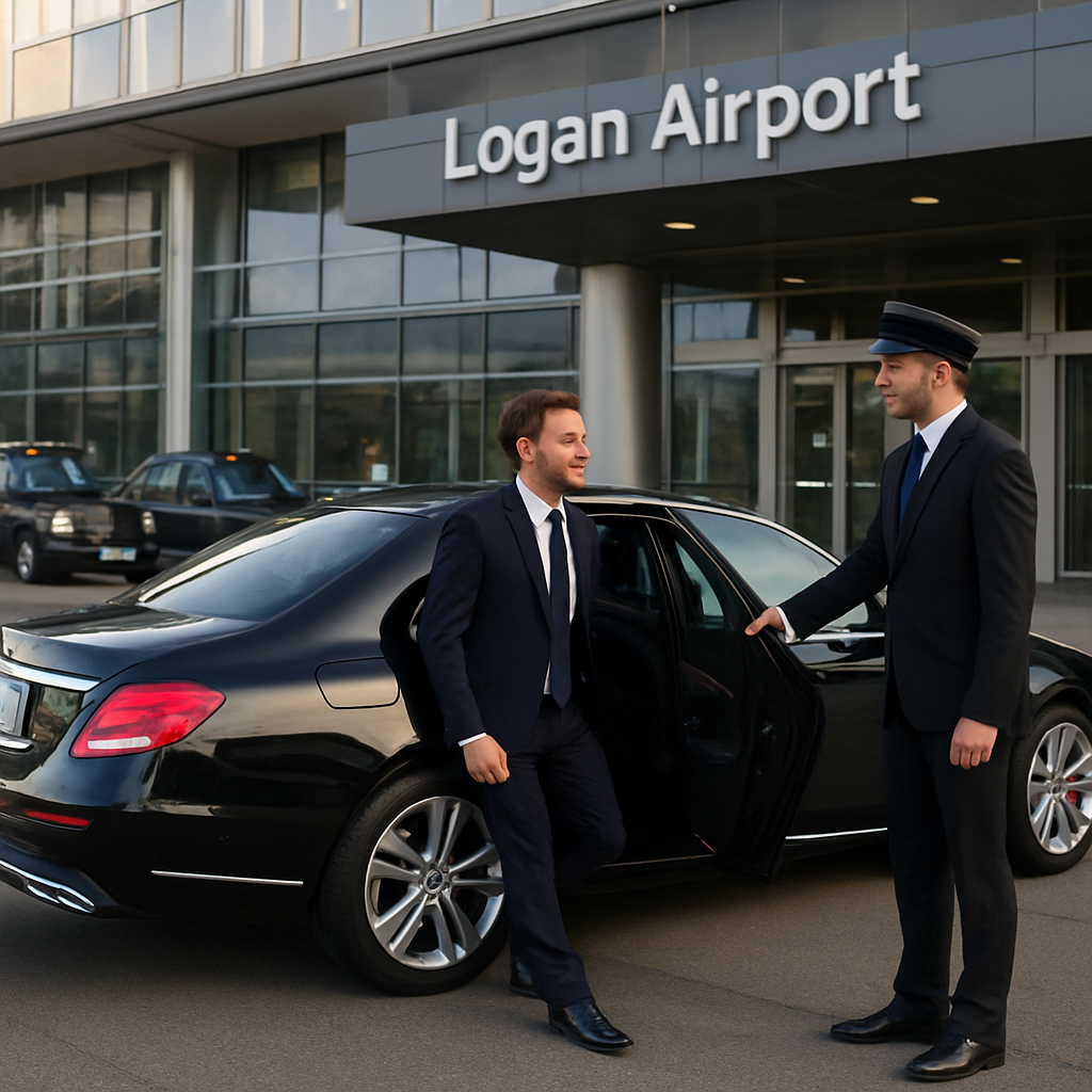 A sleek black luxury sedan parked at Logan Airport terminal entrance, driver opening the door for a well‑dressed passenger. Alt: Boston chauffeur service airport transfer luxury vehicle.