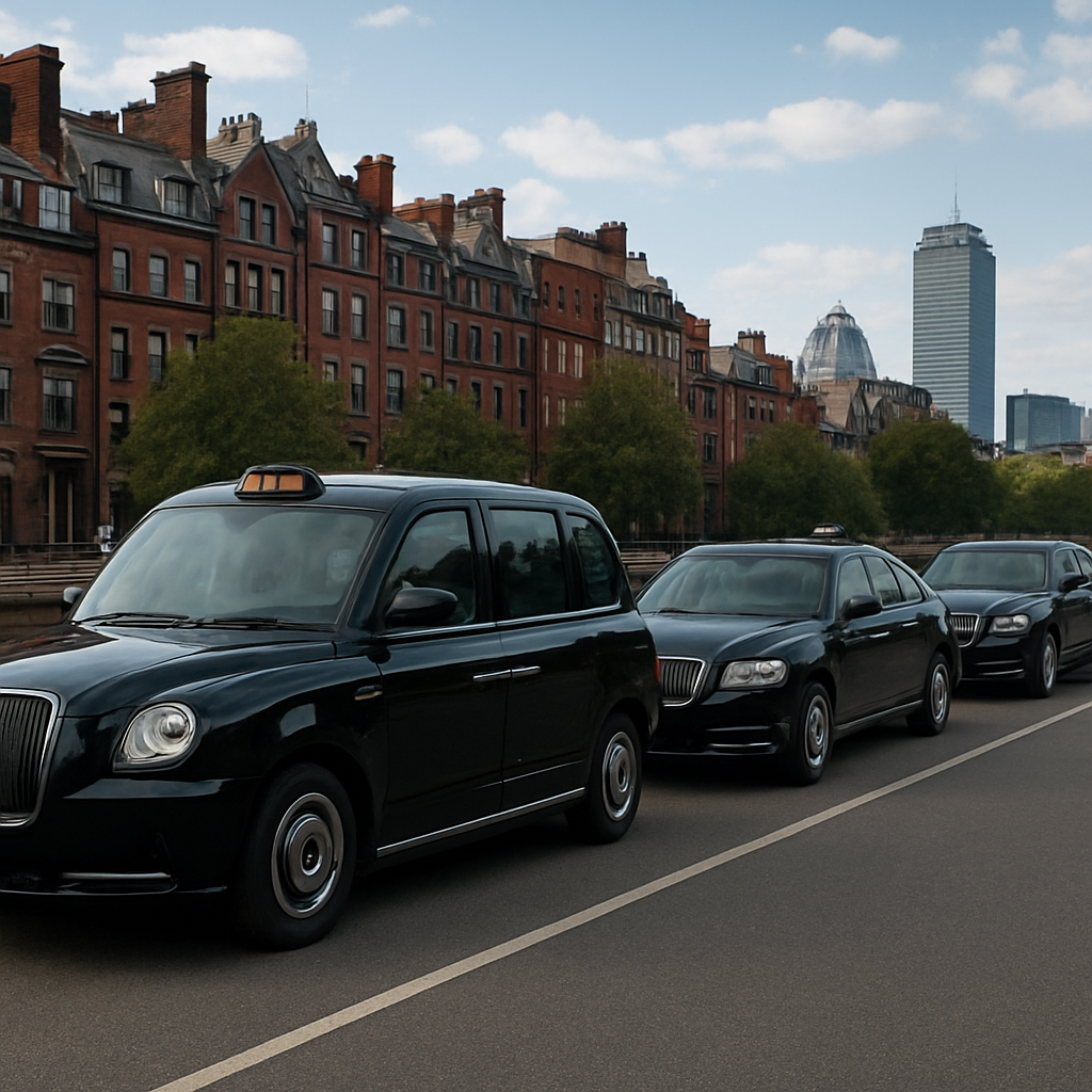 A sleek Boston street with a line of luxury chauffeur vehicles, showcasing sedans, SUVs, and stretch limousines parked near the Charles River. Alt: Boston chauffeur service fleet options.