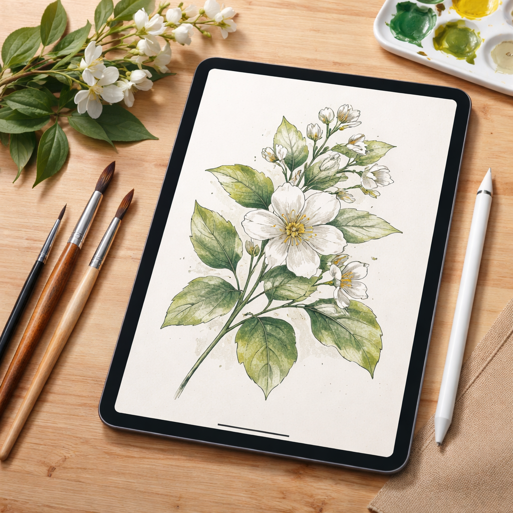 Realistic illustration of a digital tablet displaying a botanical sketch, with stylus, watercolor brushes, and plant reference beside it. Alt: digital botanical sketching tools