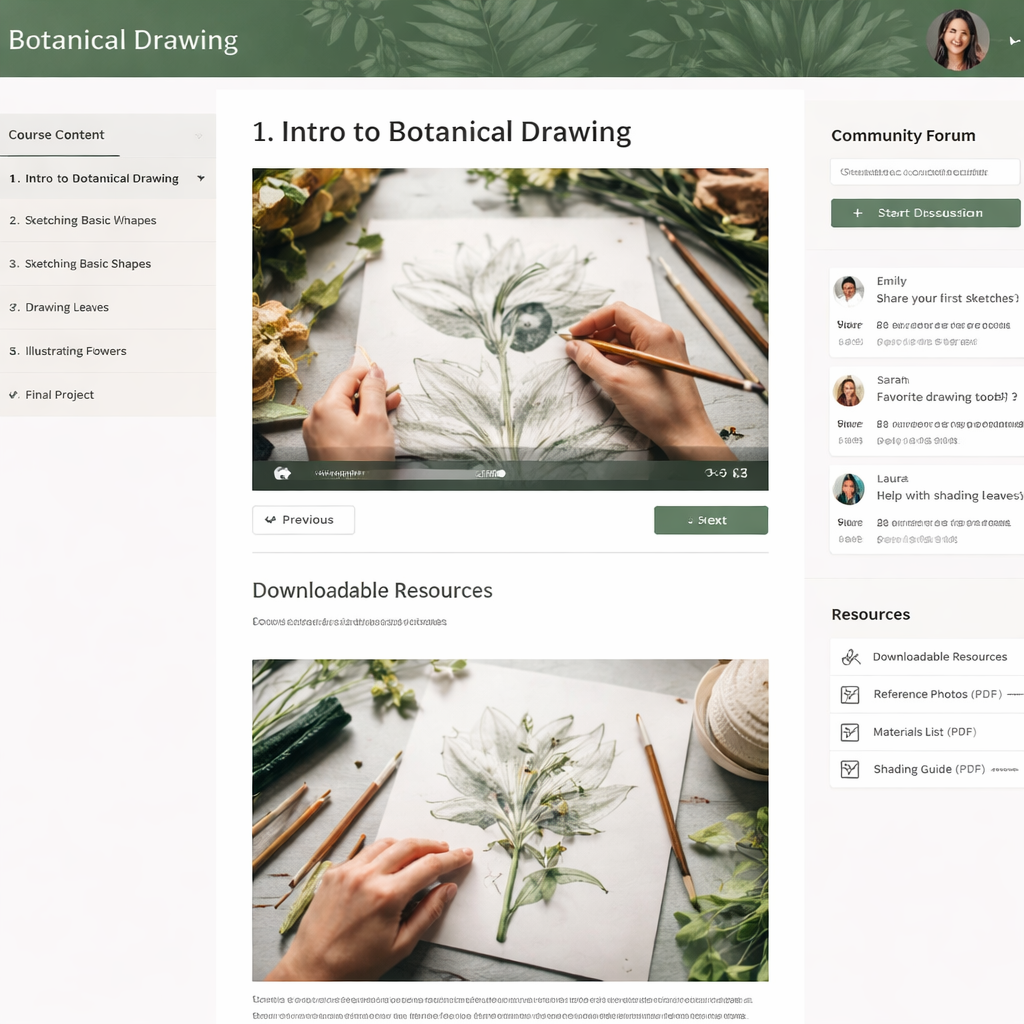 Detailed view of an online course dashboard showing lesson list, video player, community forum, and resource downloads for a botanical drawing course. Alt: online botanical course interface