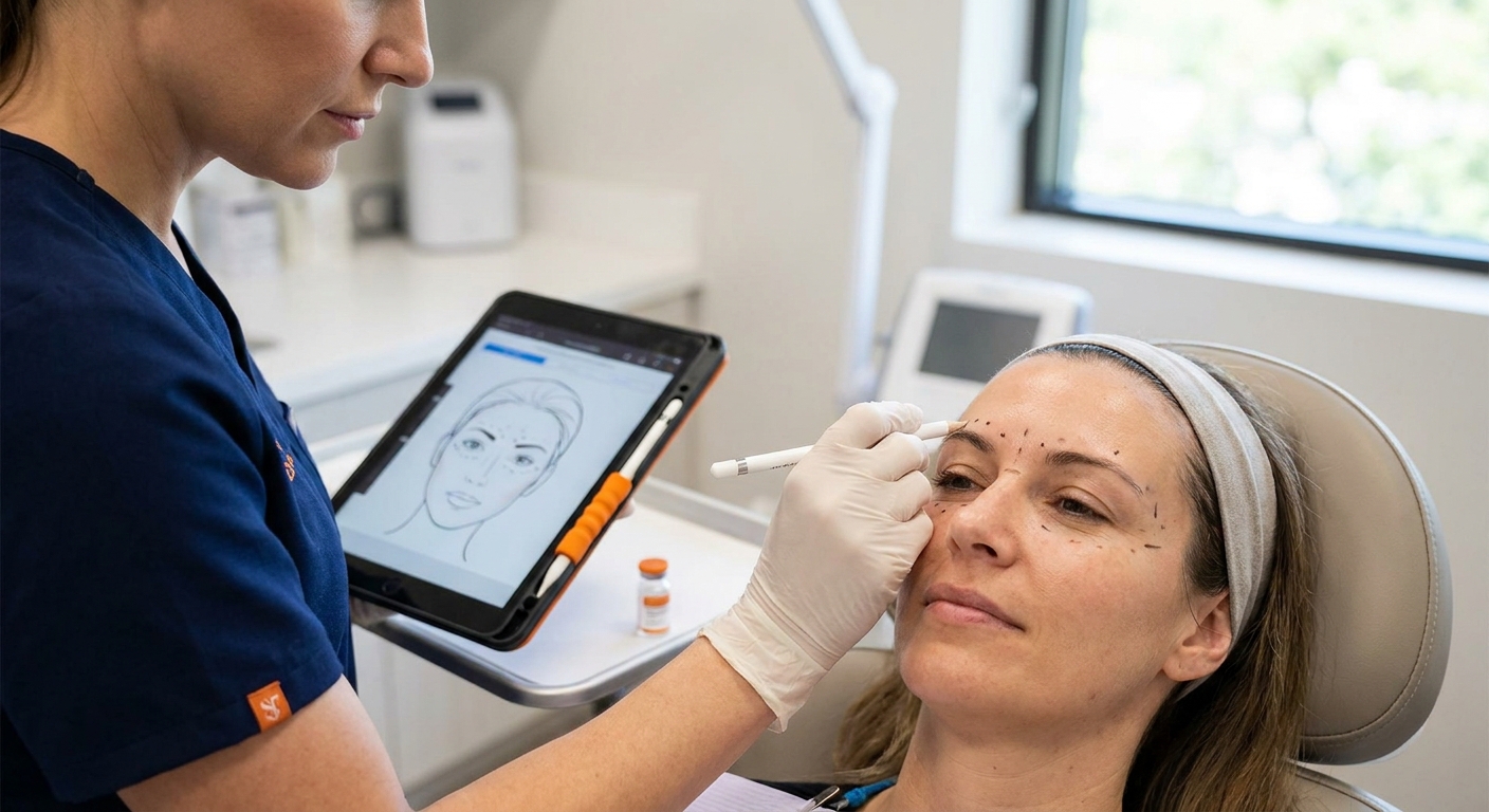 A close‑up of a skilled injector mapping facial muscles on a patient’s face in a modern clinic. Alt: Botox specialist planning injection units