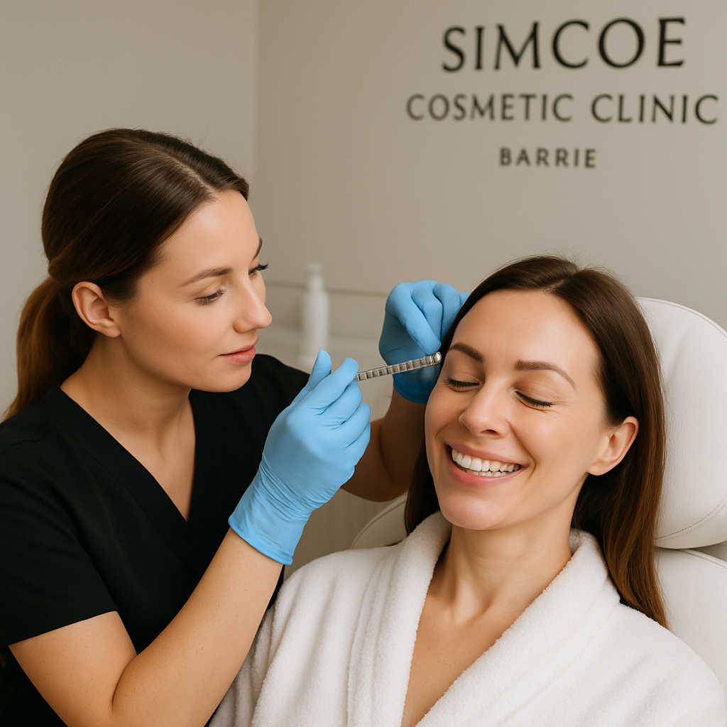A professional administering Botox injections to a smiling woman at a medspa. Alt: Botox treatment for facial rejuvenation at Simcoe Cosmetic Clinic in Barrie.