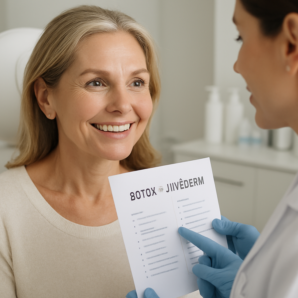 Close-up of a smiling middle-aged woman receiving an expert consultation about Botox vs Juvederm treatments at a cosmetic clinic. Alt: Woman considering Botox and Juvederm treatments to achieve aesthetic goals.
