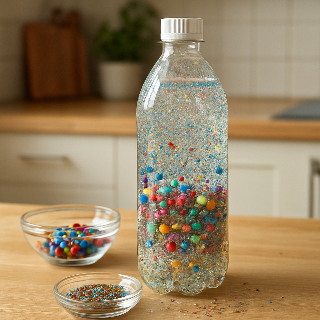 Una bottiglia sensoriale fatta in casa con acqua, glitter colorati e perline su un tavolo di cucina, luce naturale, focus sugli ingredienti. Alt: bottiglia sensoriale fai-da-te per bambini con ADHD