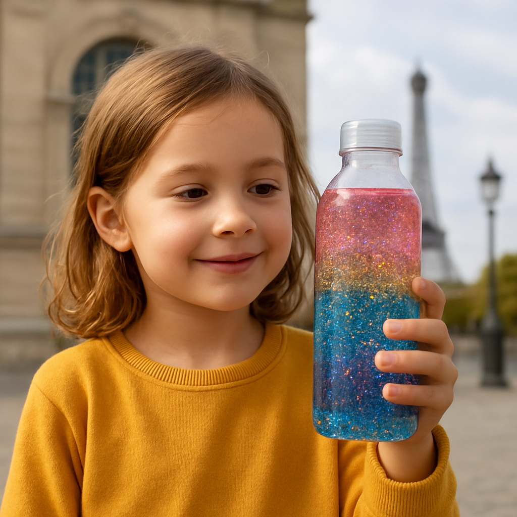 A child holding a colorful sensory bottle filled with sparkling water and glitter, with a clear plastic cap. Alt: bottiglie sensoriali fai da te con acqua colorata e glitter.