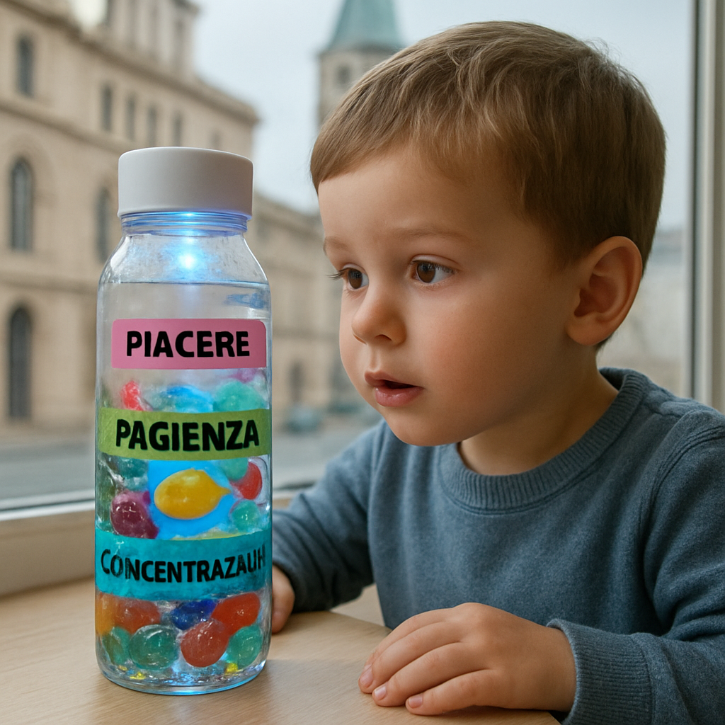Una bottiglia sensoriale fai da te con etichette colorate, un LED luminoso e oggetti di diversi colori, pronta per un bambino che la osserva con curiosità. Alt: bottiglia sensoriale personalizzata per bambini con ADHD.