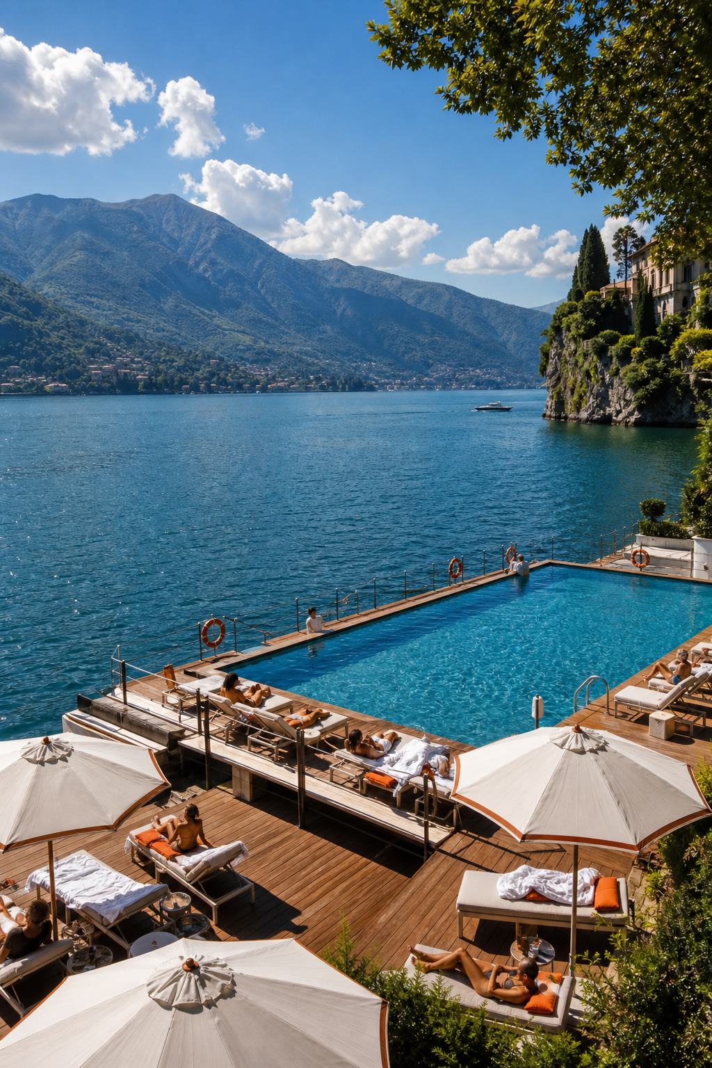 A photorealistic view of the floating pool at Villa d'Este, with the lake and mountains in the background, guests lounging on sunbeds, bright summer day. Alt: floating pool at Villa d'Este Lake Como