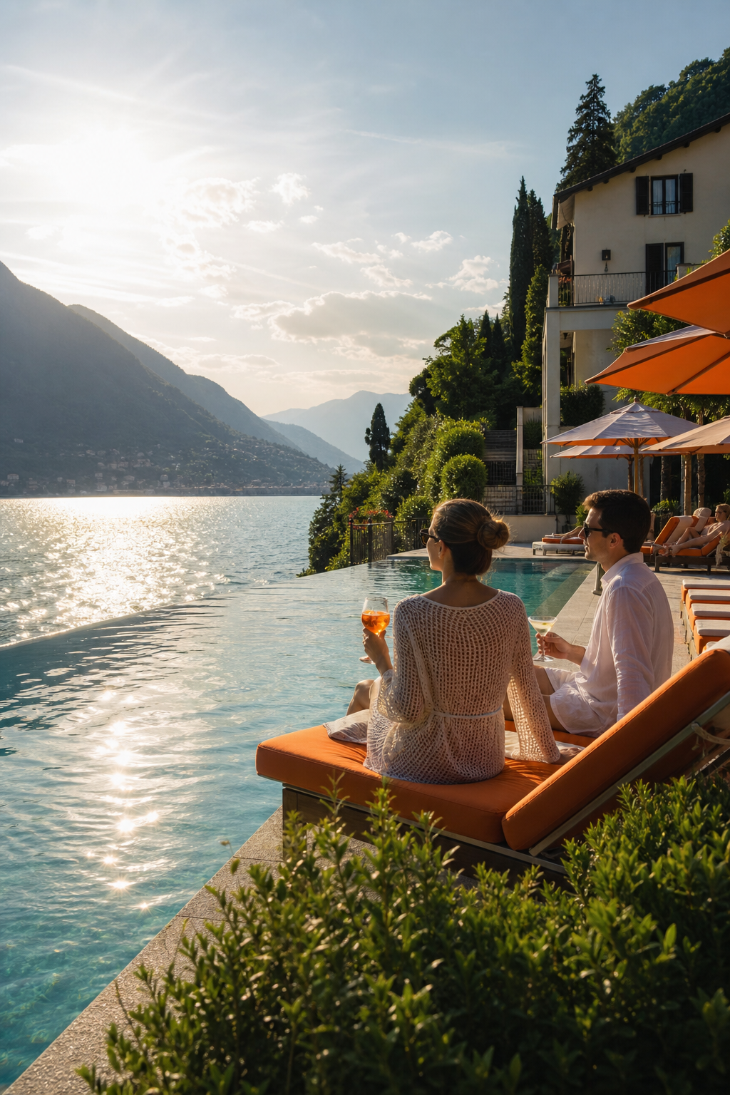 A photorealistic view of the pool at Mandarin Oriental Lago di Como with lake and mountain views, guests enjoying cocktails by the water, late afternoon sun. Alt: pool at Mandarin Oriental Lake Como
