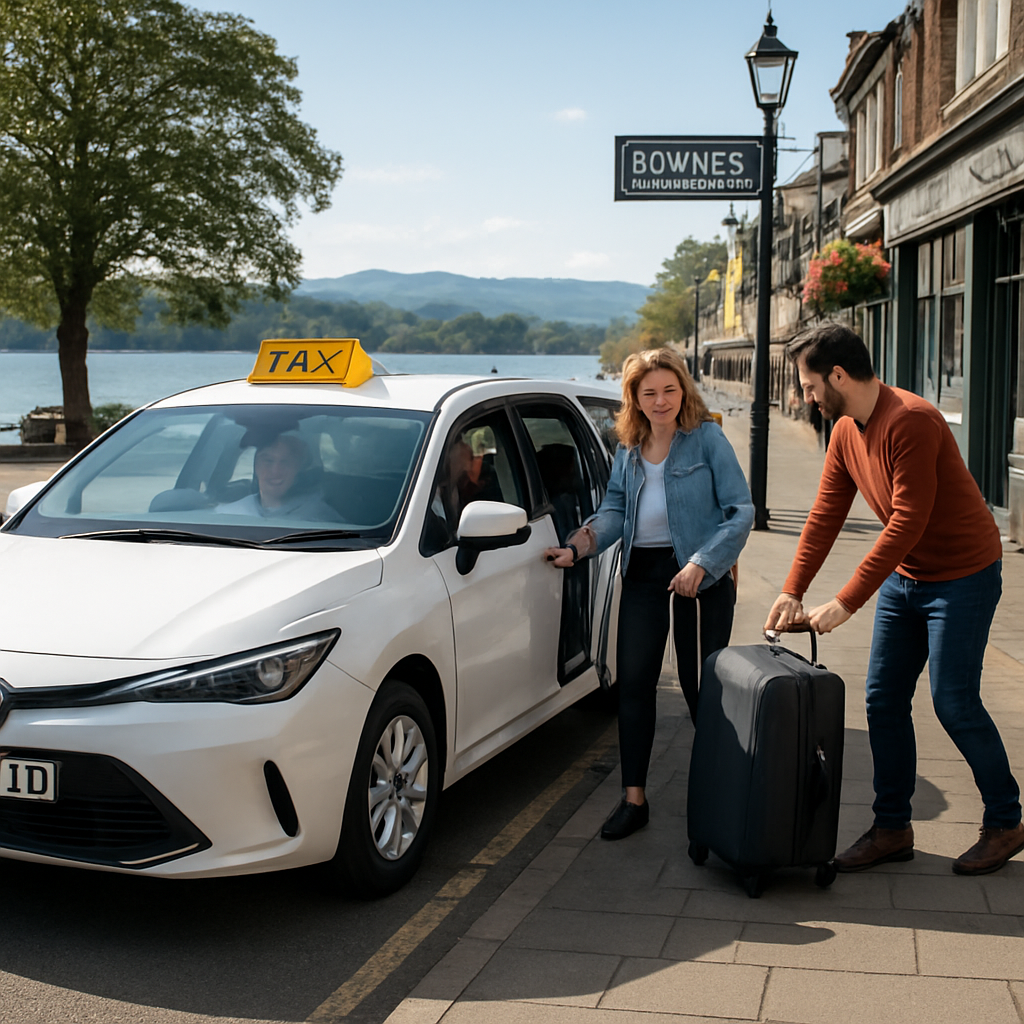 A sunny lakeside street in Bowness on Windermere with a modern taxi waiting at a curb, driver smiling, passengers loading luggage. Alt: Bowness on Windermere taxi ready for pickup
