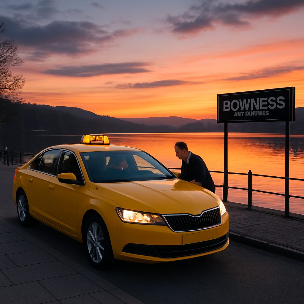 A bright, modern taxi pulling up to the Bowness promenade at dusk, with the lake reflecting the sunset and a driver opening the door for a passenger. Alt: Bowness on Windermere taxi arriving at lakeside promenade.