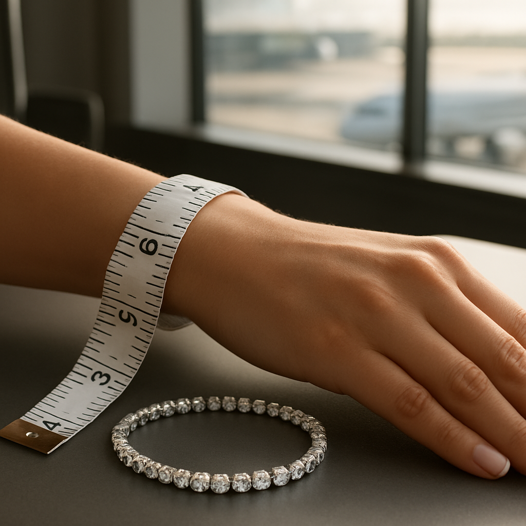 A photorealistic close‑up of a woman's wrist resting on a sleek airport lounge table, a flexible measuring tape wrapped snugly around the wrist, a luxury tennis bracelet placed beside it, soft natural lighting highlighting the sparkle, representing the bracelet size chart women inches concept for savvy travelers. Alt: Woman measuring wrist for bracelet size chart women inches in a travel setting.