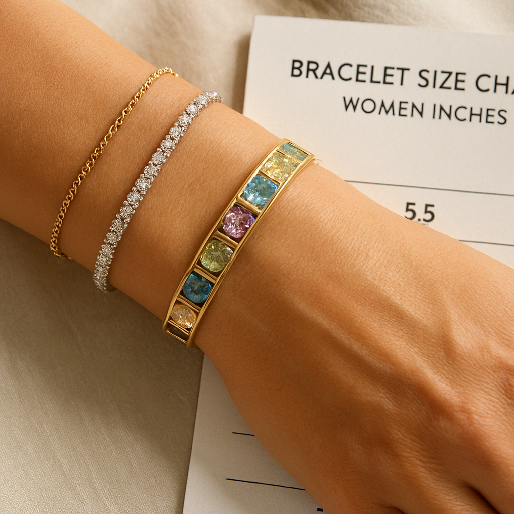 A photorealistic close‑up of a woman's wrist wearing three different bracelet styles – a delicate gold chain, a sparkling diamond tennis bracelet, and a wide gemstone cuff – with a printed bracelet size chart women inches laid out beside them. Soft natural lighting highlights the textures and reflects the travel‑ready vibe. Alt: Realistic image showing bracelet size chart women inches guide with multiple styles.