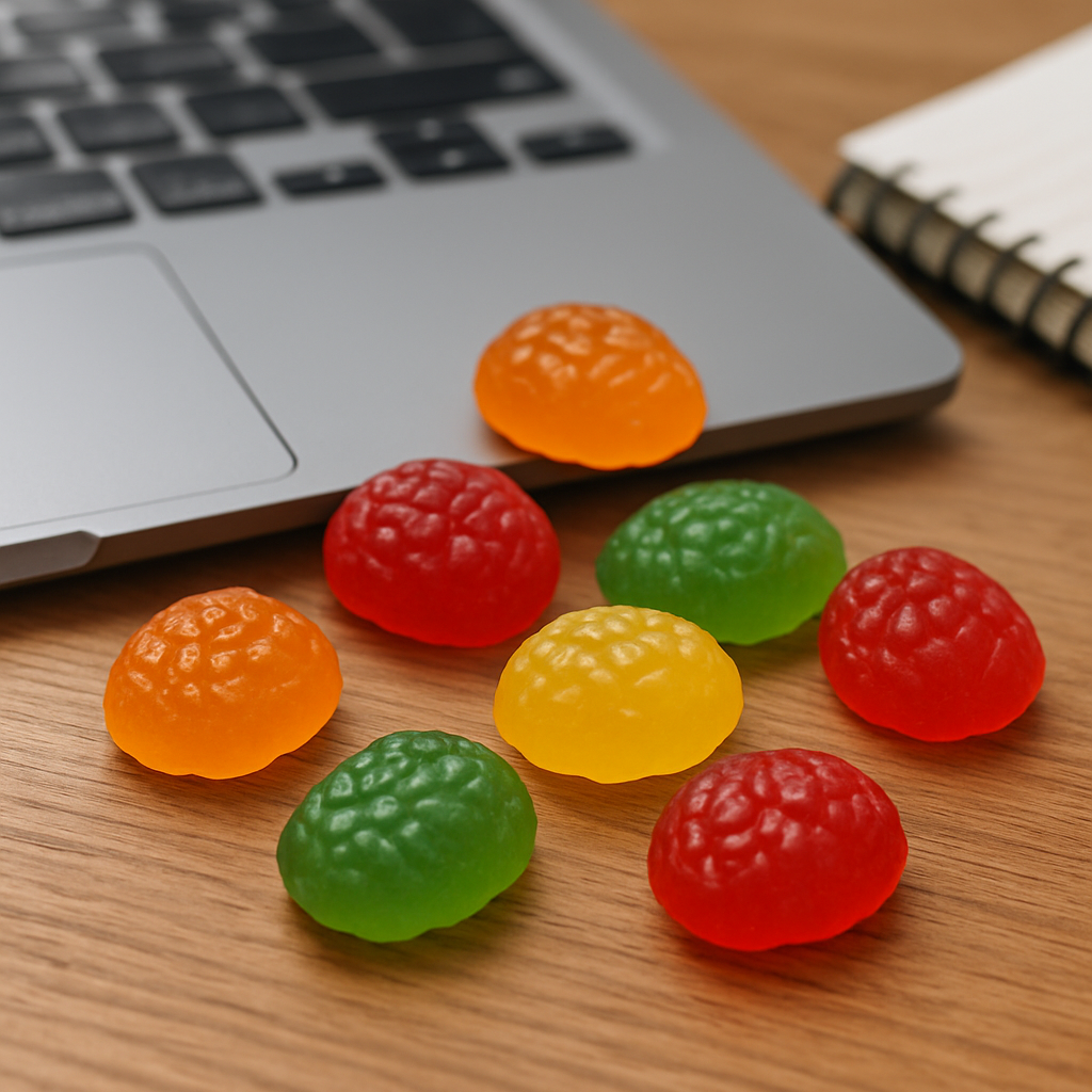 A photorealistic close‑up of colorful brain‑boost gummies scattered on a wooden desk, with a laptop and a notebook nearby, evoking a focused work session. Alt: brain boost gummies for focus and clarity.