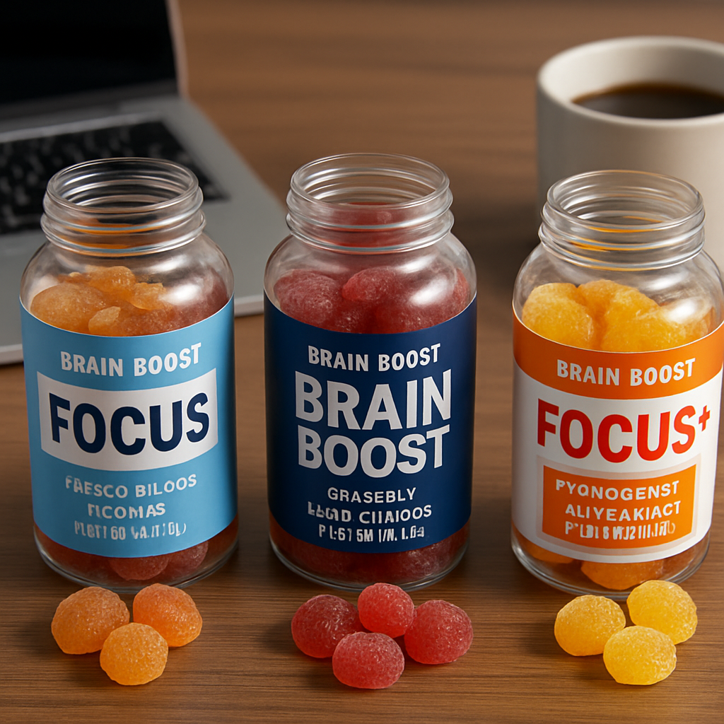 A photorealistic close‑up of three different brain boost gummy bottles on a wooden desk, each bottle open to show colourful gummies beside a laptop, a notebook, and a coffee mug, highlighting variety and focus‑enhancing ingredients. Alt: Comparison of brain boost gummies options for focus.