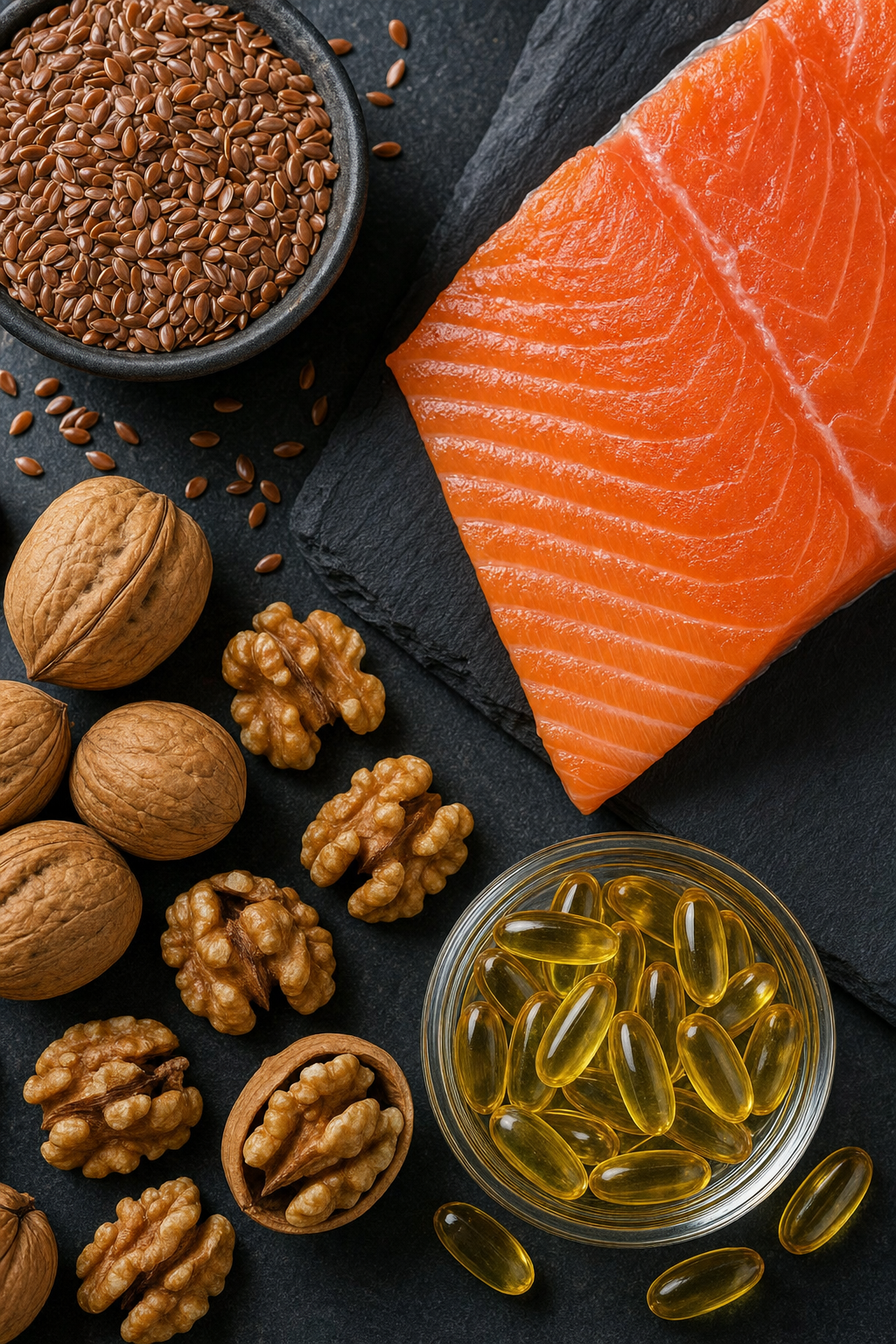 A photorealistic overhead shot of fresh wild salmon fillet, flaxseeds, and walnuts arranged on a dark slate surface with a small glass dish of golden fish oil capsules nearby, warm kitchen lighting. Alt: omega-3 rich foods and fish oil capsules for brain health.
