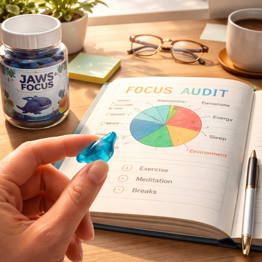 A photorealistic close‑up of a hand holding a single Jaws of Focus gummy beside a notebook open to a focus‑audit chart, soft natural morning light streaming onto a tidy desk, illustrating the moment of identifying personal focus needs.
