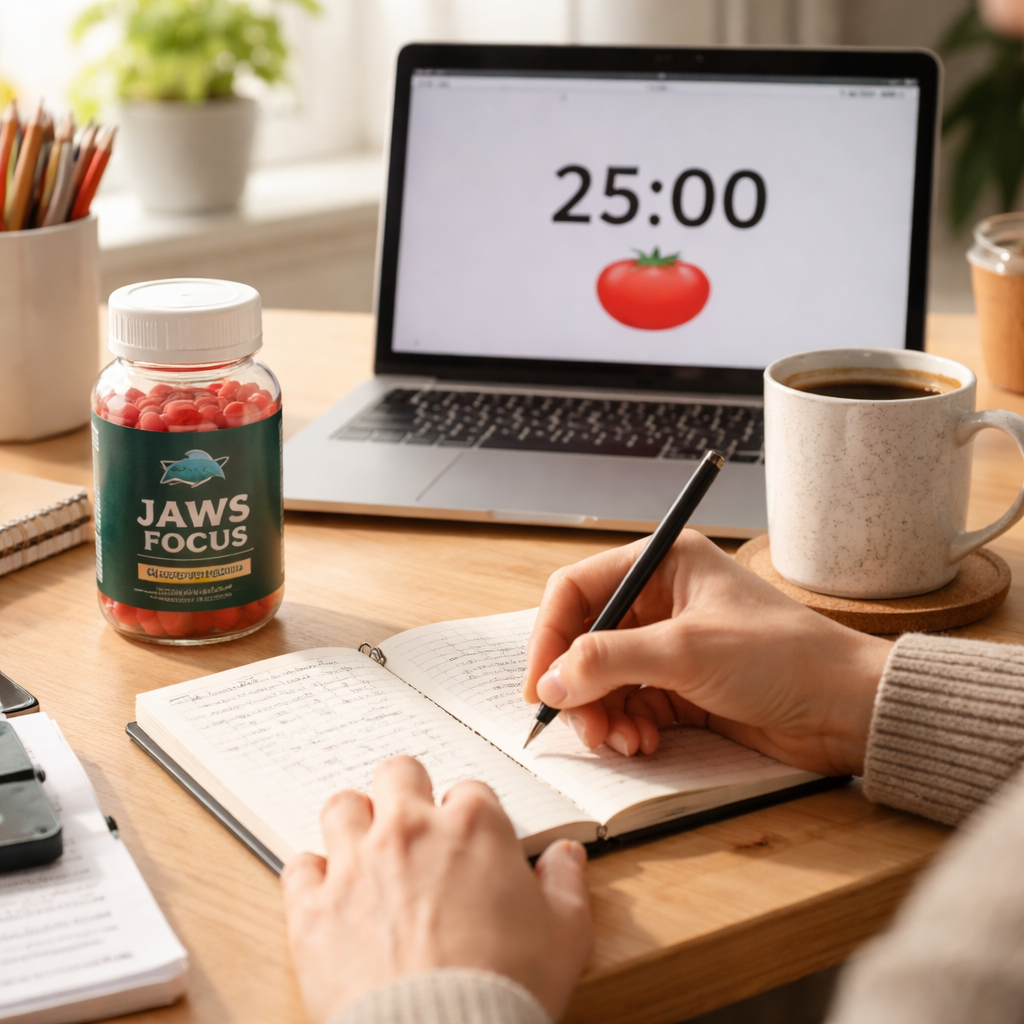 A photorealistic image of a person at a tidy desk, writing in a small paper journal while a bottle of Jaws of Focus gummies sits nearby, a laptop timer displaying a 25‑minute Pomodoro count, and a coffee mug, soft natural morning light streaming in, conveying tracking focus results and adjusting routine. Alt: Person tracking focus results with brain supplement for focus.