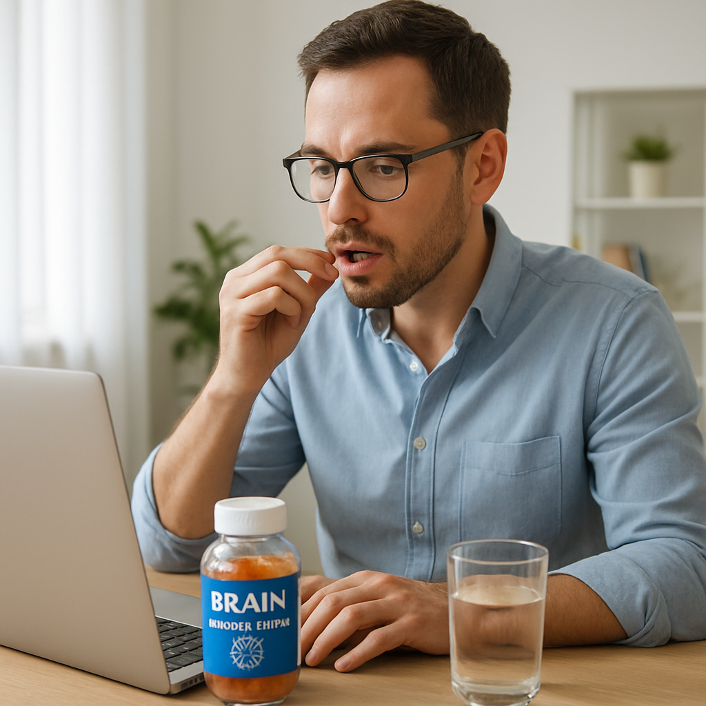 Photorealistic scene of a busy professional in a bright home office taking a brain supplement, with a gummy bottle visible, a laptop open, and a glass of water on the desk. Alt: brain supplement lifestyle for focus and energy