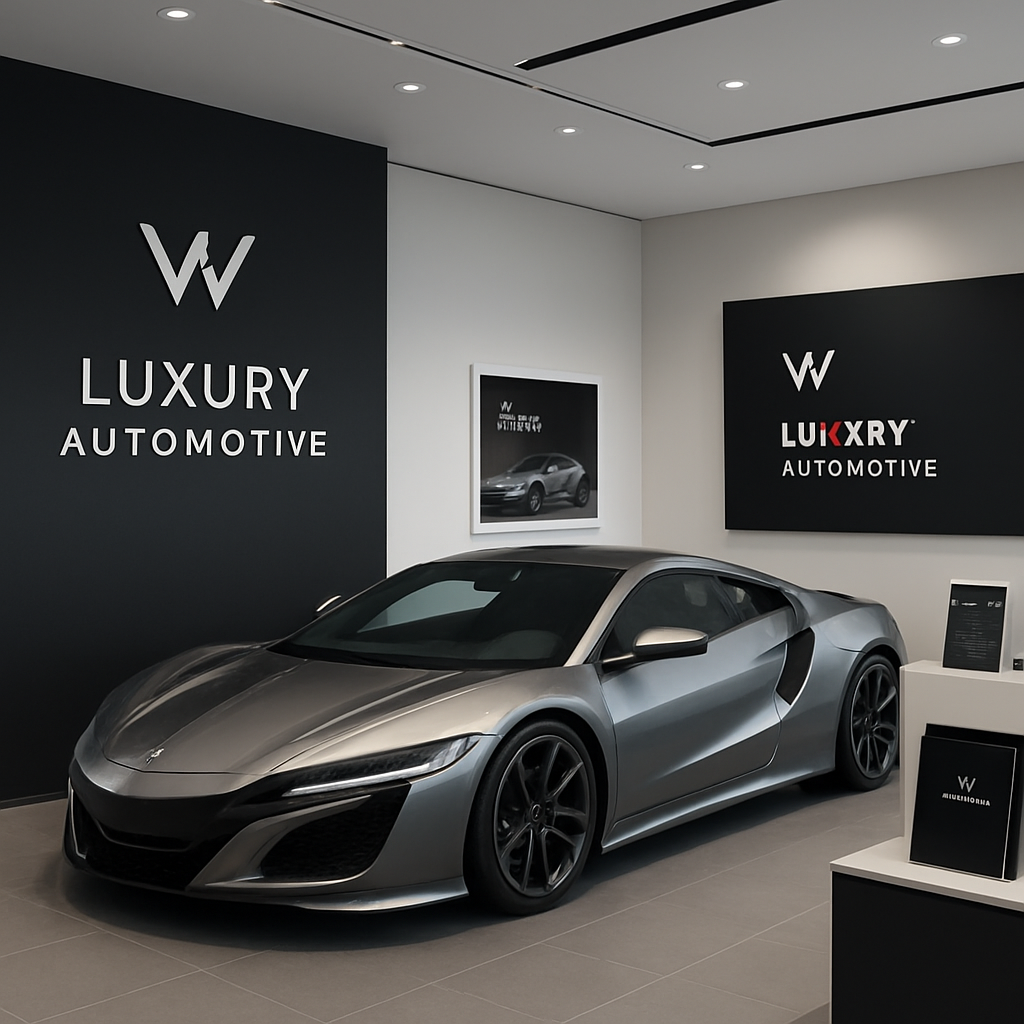 A sleek luxury sports car showroom with branding elements on walls, brochures, and digital screens. Alt: Luxury automotive brand book visual guidelines in action