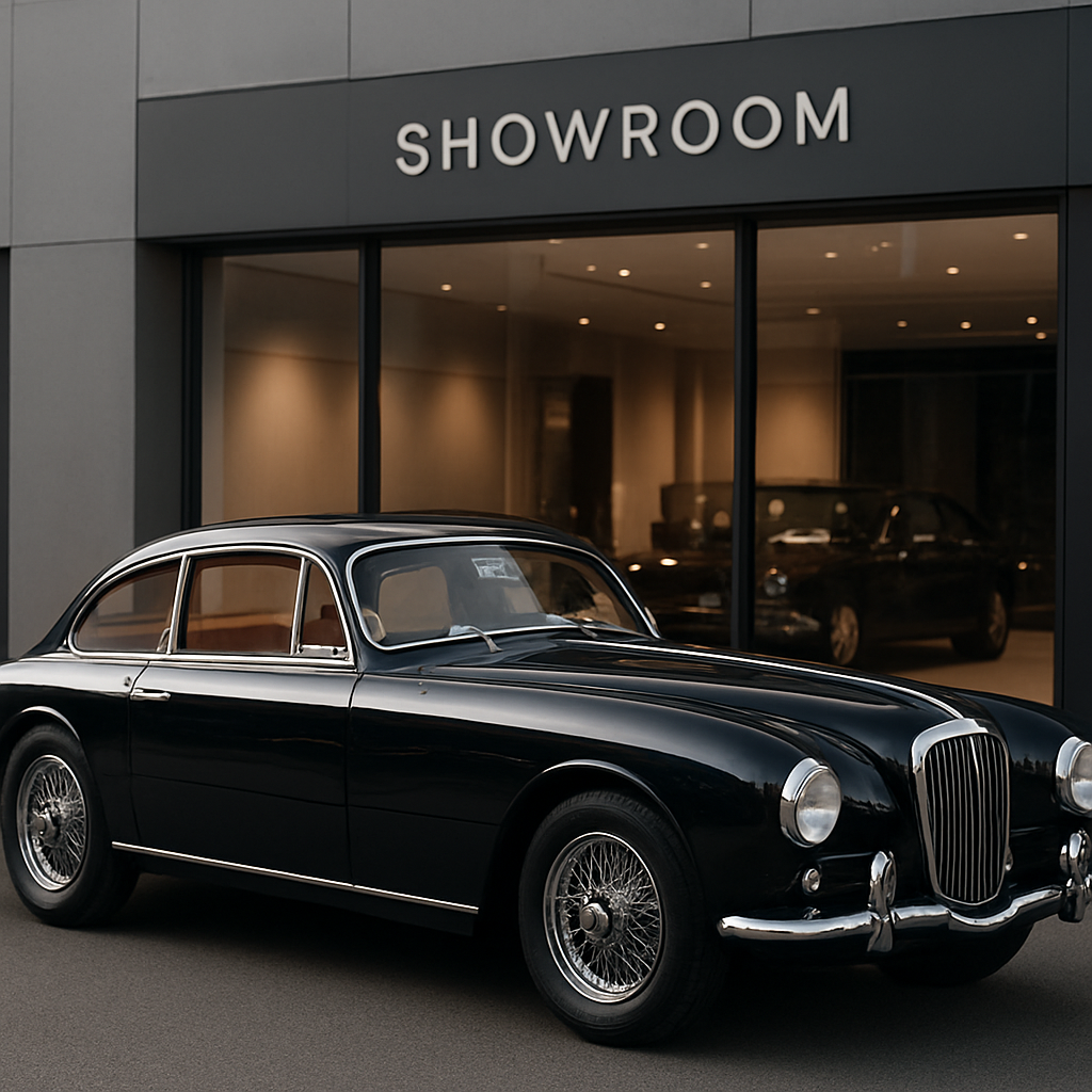 A sleek vintage luxury car parked beside a modern showroom, with a soft focus on the handcrafted interior. Alt: Heritage storytelling luxury automotive brand narrative example