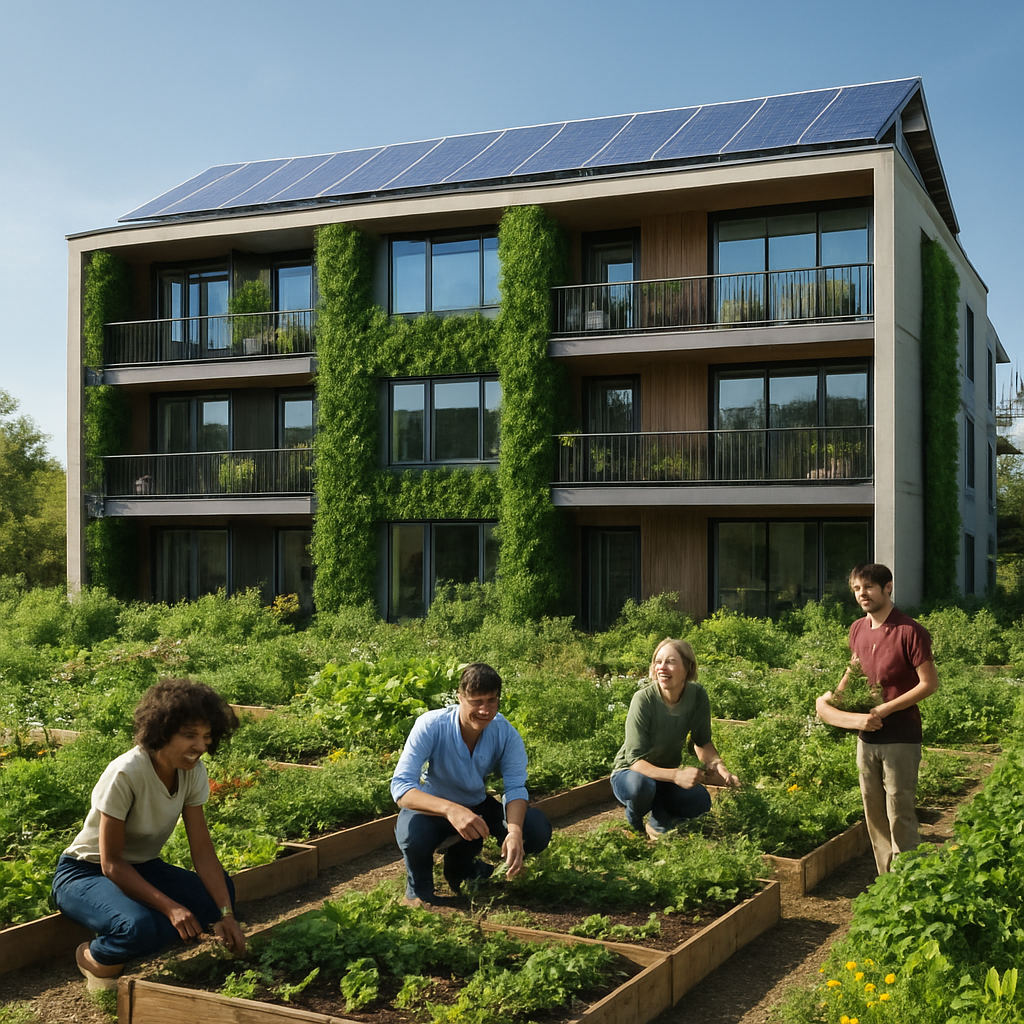 A modern eco‑friendly apartment building with solar panels, green walls, and people enjoying a community garden. Alt: Sustainable property development narrative visual.