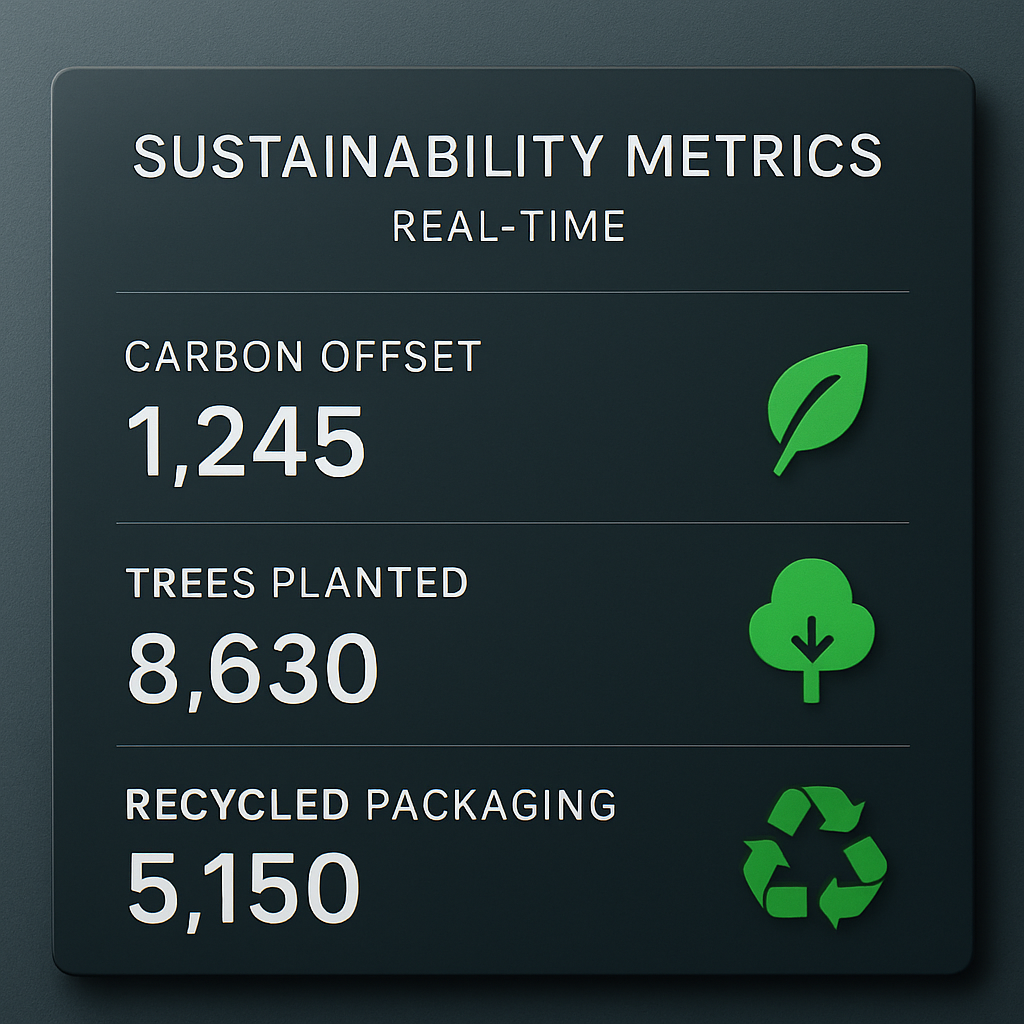 A sleek, modern dashboard displaying real‑time sustainability metrics such as carbon offset, trees planted, and recycled packaging counts. Alt: Sustainable brand values dashboard showcasing real‑time environmental impact metrics.