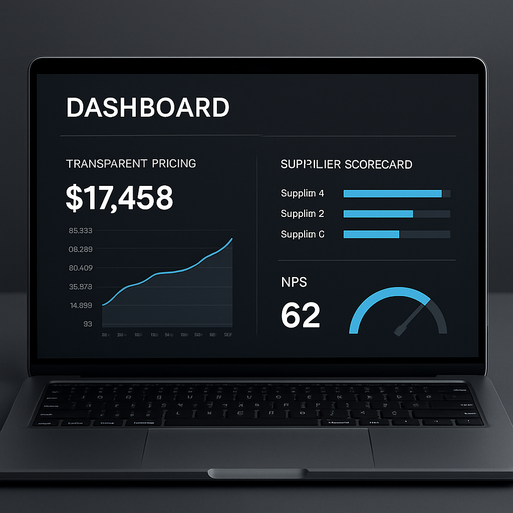 A sleek dashboard on a laptop screen showing transparent pricing, supplier scorecard, and NPS metrics. Alt: Integrity brand values examples with live data visualisation.