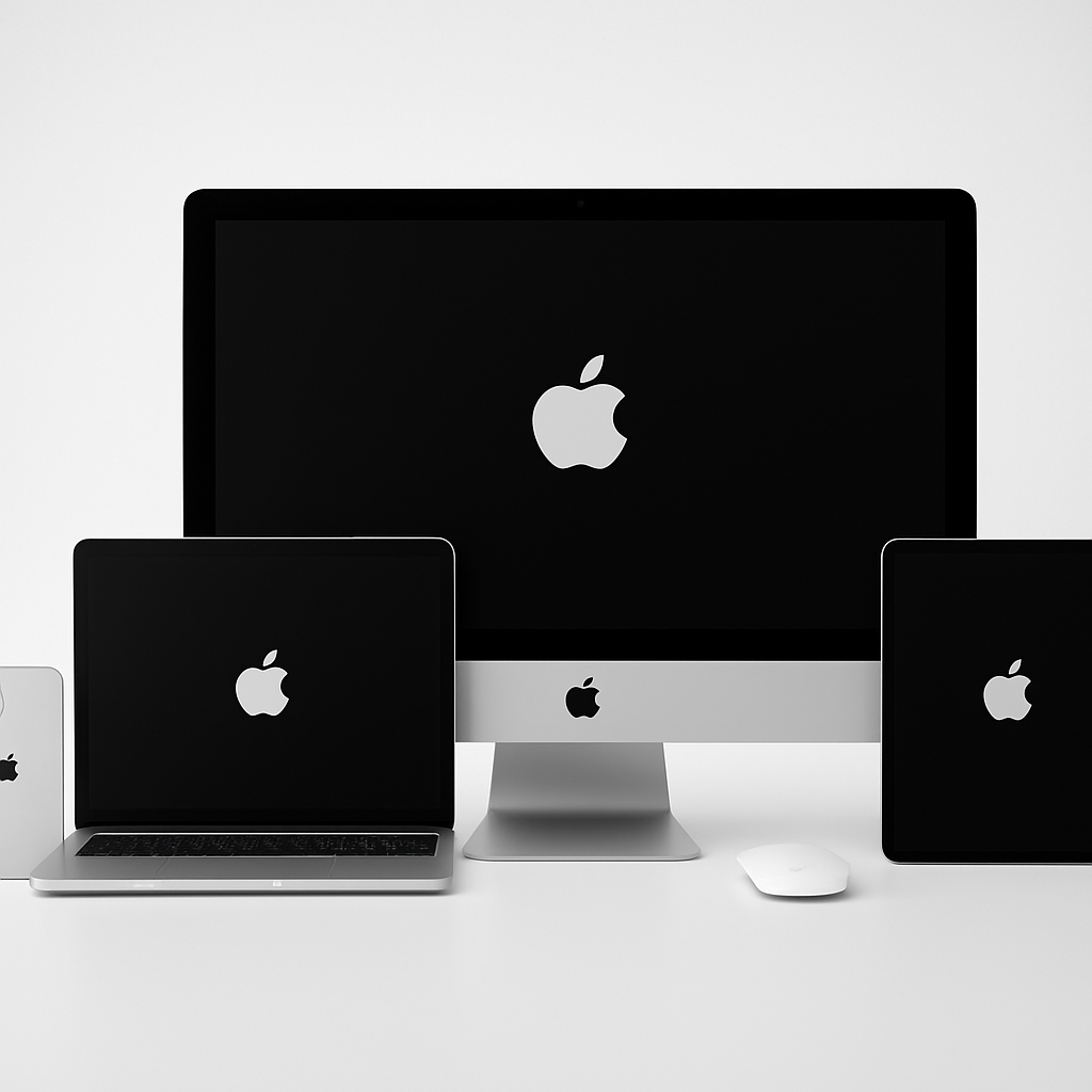 A sleek, minimalist Apple product lineup displayed on a white surface, showcasing consistent branding across devices. Alt: Apple integrated branded house visual consistency.