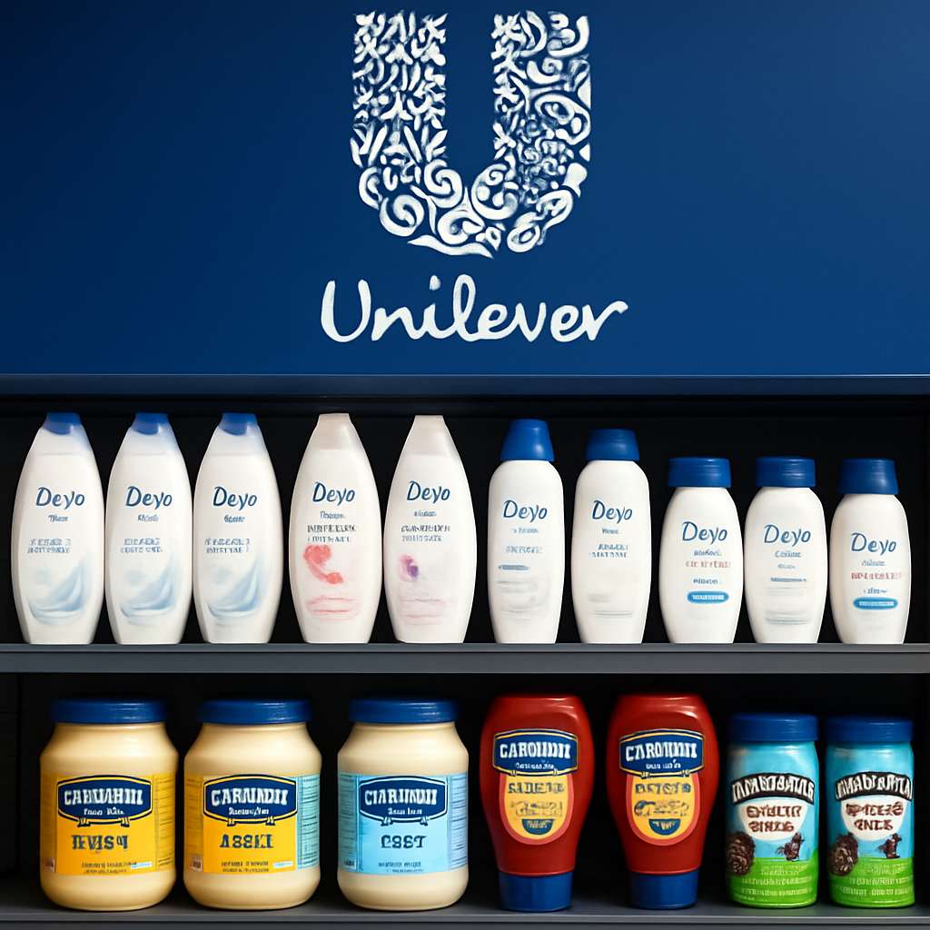 A colourful supermarket shelf showing Unilever products – Dove, Hellmann’s, Ben & Jerry’s – all under a subtle corporate logo. Alt: Unilever branded house visual consistency in consumer goods.
