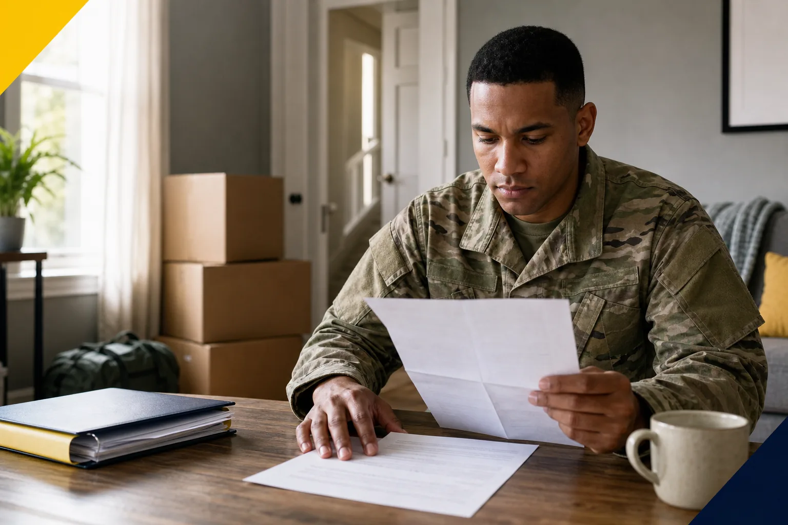 Service member reviewing lease paperwork while breaking a lease for military orders.