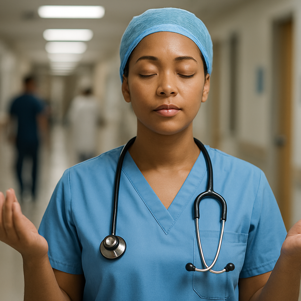 A nurse practicing box breathing in a busy hospital hallway, with a calm expression. Alt: Box breathing technique for nurses at work.