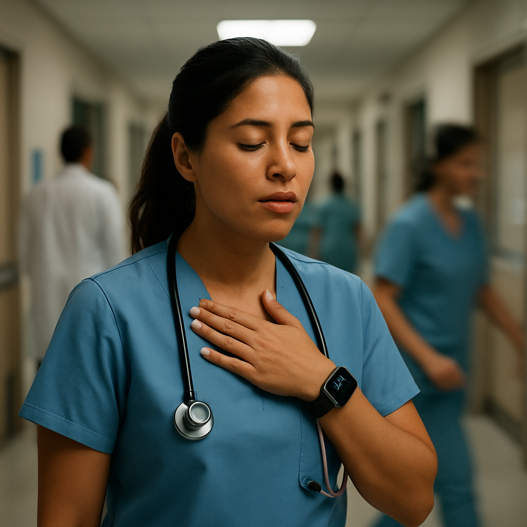A nurse standing in a bustling hospital hallway, glancing at a smartwatch that vibrates, then taking a calming breath. Alt: Nurse using a micro‑timer to practice breathing exercises for nurses at work