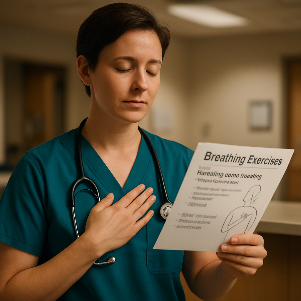 A calm clinician in scrubs following a printed breathing cue card while standing at a nurses' station, soft hospital lighting. Alt: Clinician practicing diaphragmatic breathing from a breathing exercises pdf cue card. Keyword-rich alt text here.