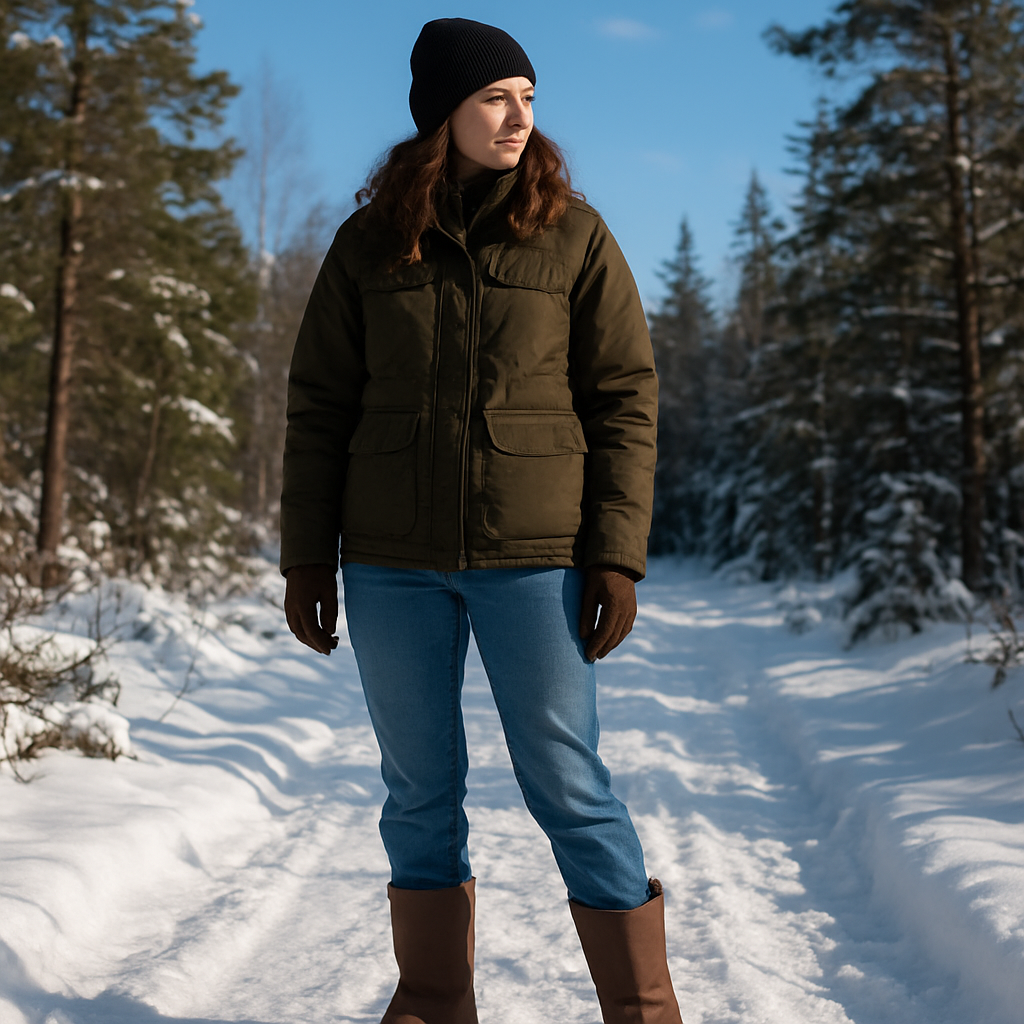 En kvinna i breda vinterboots, stående på ett snötäckt skogsstig med en vacker blå himmel i bakgrunden. Alt: Breda boots dam för vinteräventyr, kombinerar stil och funktion.