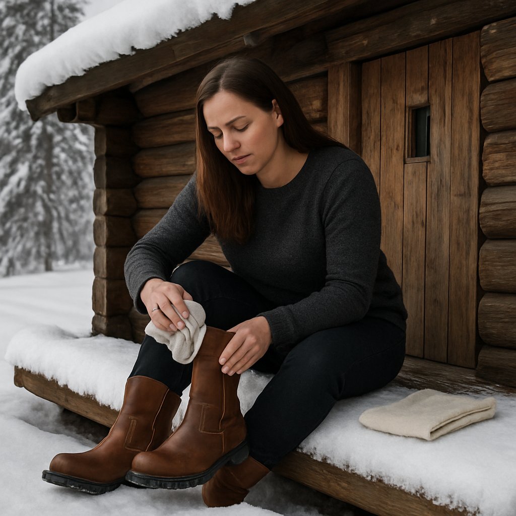 En kvinna sitter på en snötäckt stuga med Breda boots dam, en mjuk trasa ligger bredvid för skötsel. Alt: Skötsel av breda vinterkängor dam – steg-för-steg guide