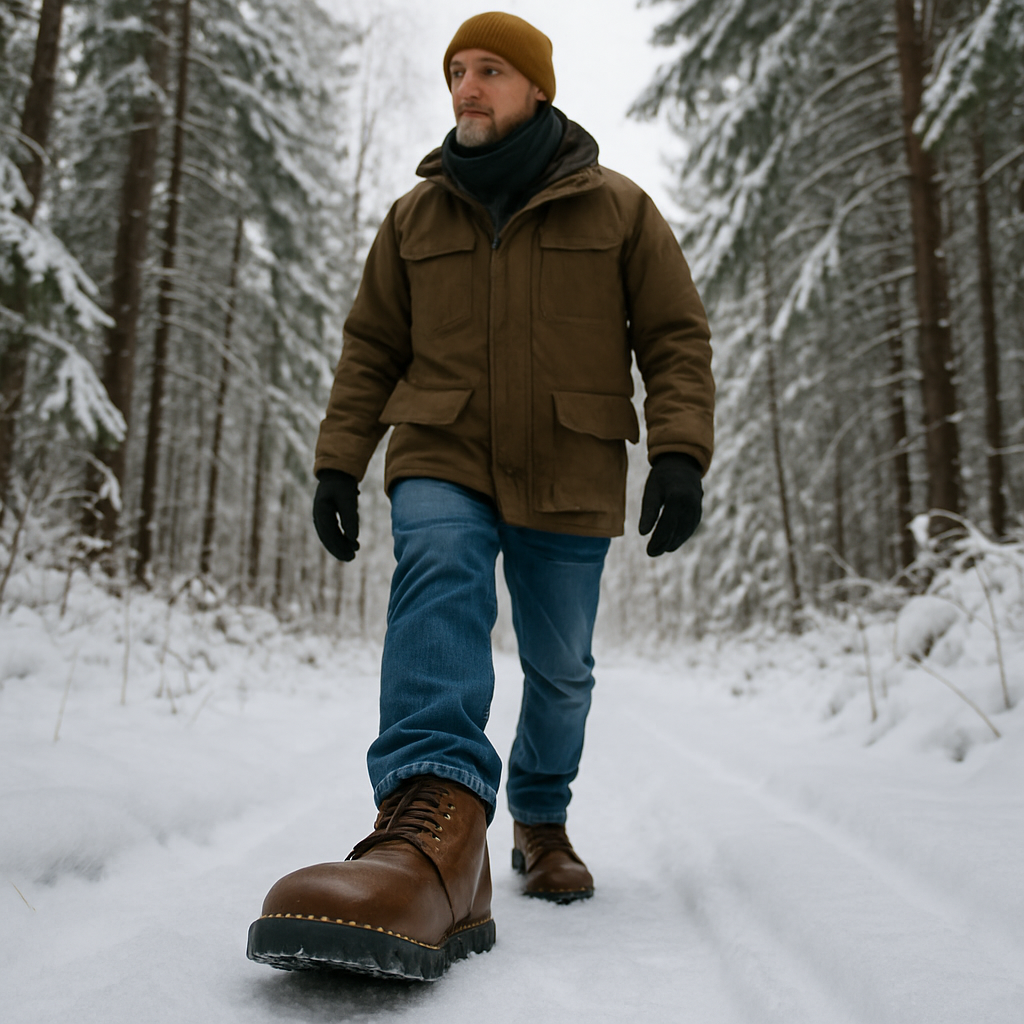 En man i vinterkläder som promenerar i snö på en skogsstig med breda läderskor, alt: breda kängor herr i vinterlandskap – tydligt fokus på tåboxen och fotens naturliga form.