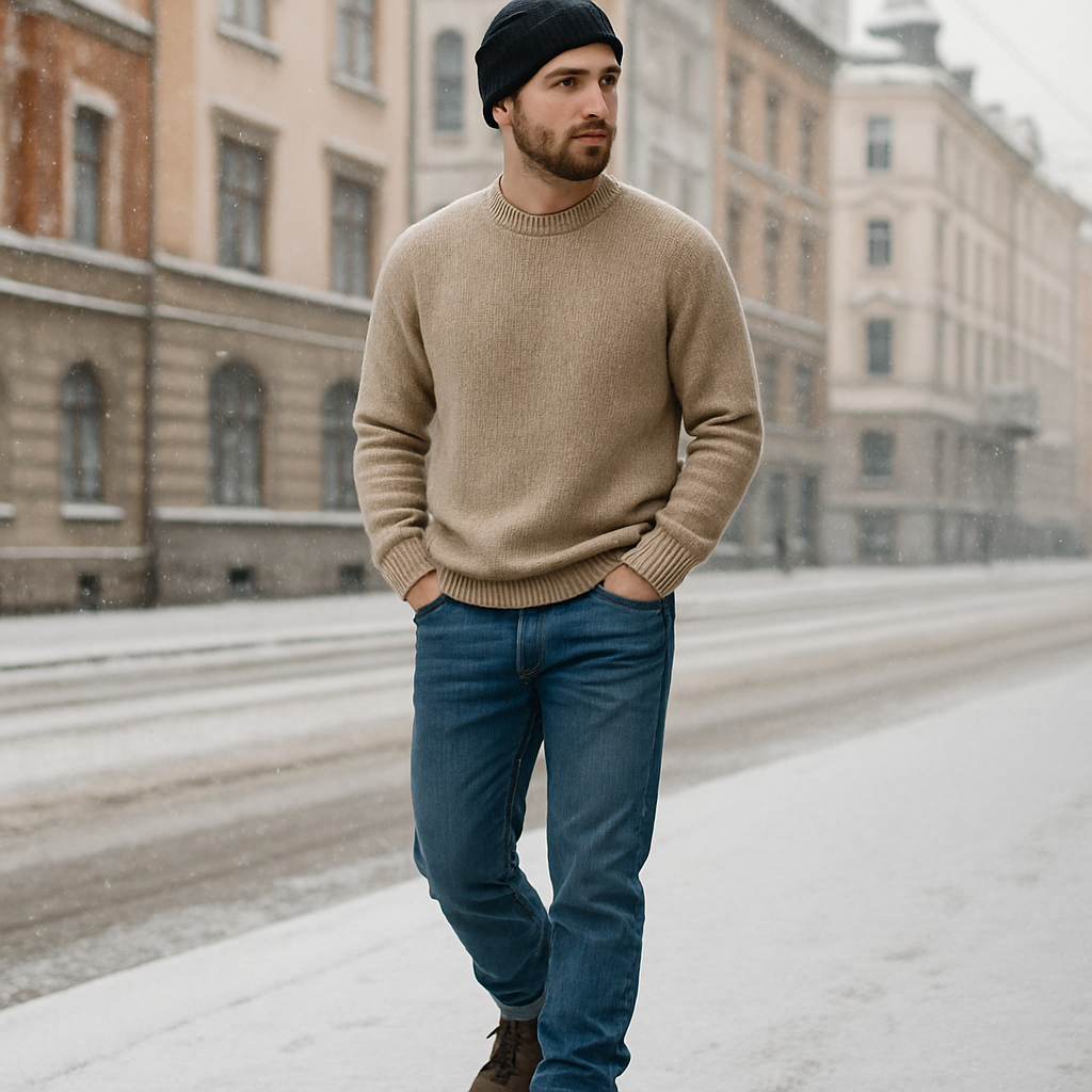 En man i stadsmiljö som bär breda kängor herr, kombinerat med jeans och en stickad tröja, med snöiga byggnader i bakgrunden. Alt: breda kängor herr i vardagsstil