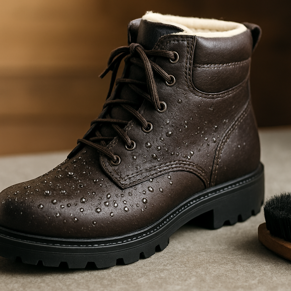 En närbild av en välvårdad bred vinterkänga för dam, med fokus på vattenavvisande ovandel och slitstark sula. Alt: underhåll och reparation av bredda vinterkängor dam