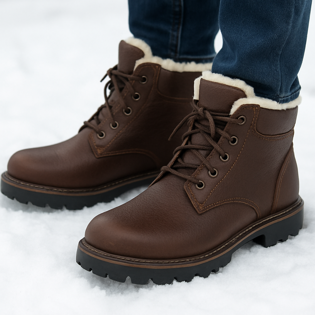 En man med breda vinterkängor i snö, tydligt fokus på bred tåbox, varm foder och robust sula. Alt: Bred vinterkänga herr med bra stöd och värme