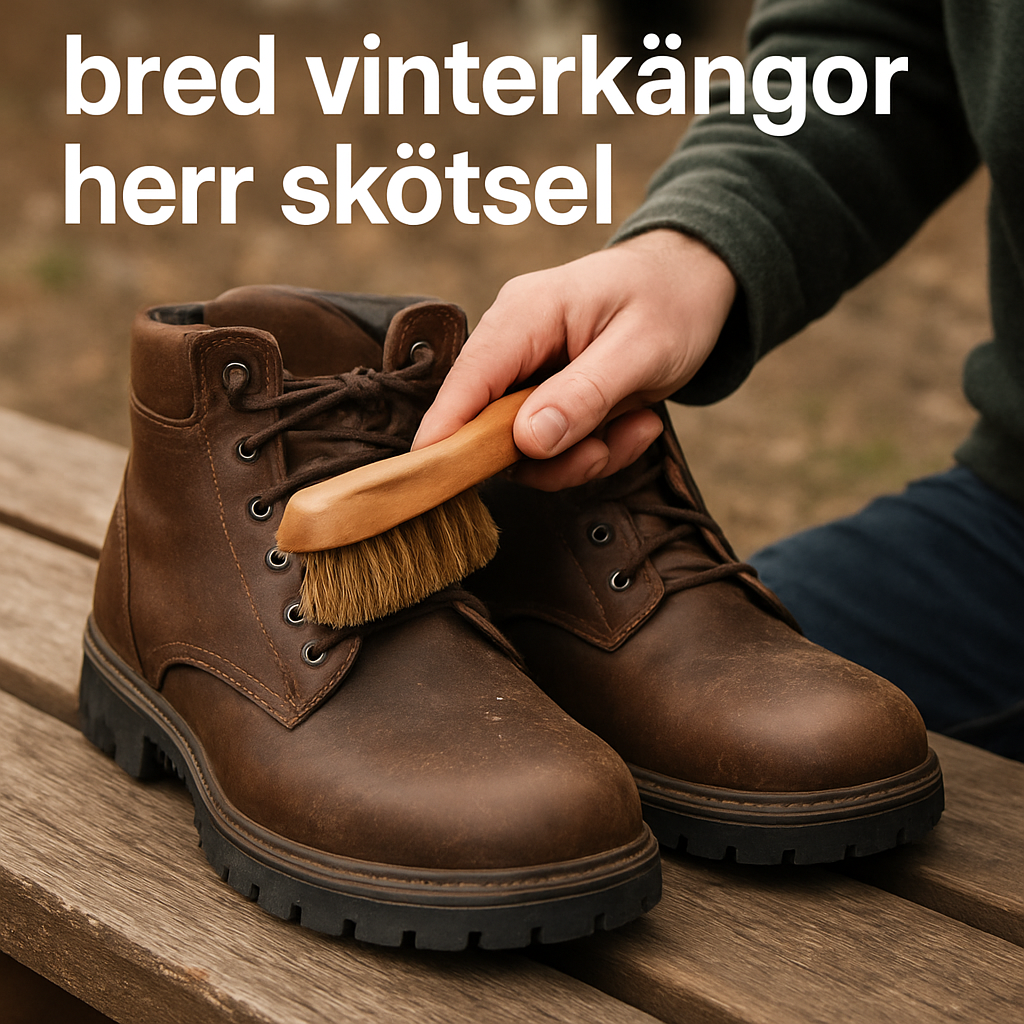 A pair of wide men's winter boots being brushed clean on a wooden bench. Alt: breda vinterskor herr skötsel