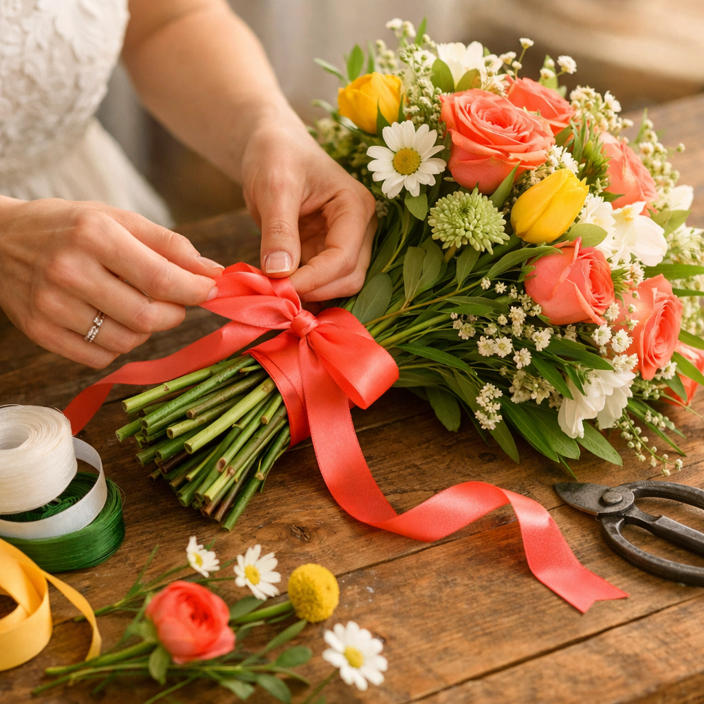 A realistic close‑up of a bride’s hands assembling a hand‑tied bouquet with ribbons, floral wire, and fresh flowers on a wooden table, soft natural light.
